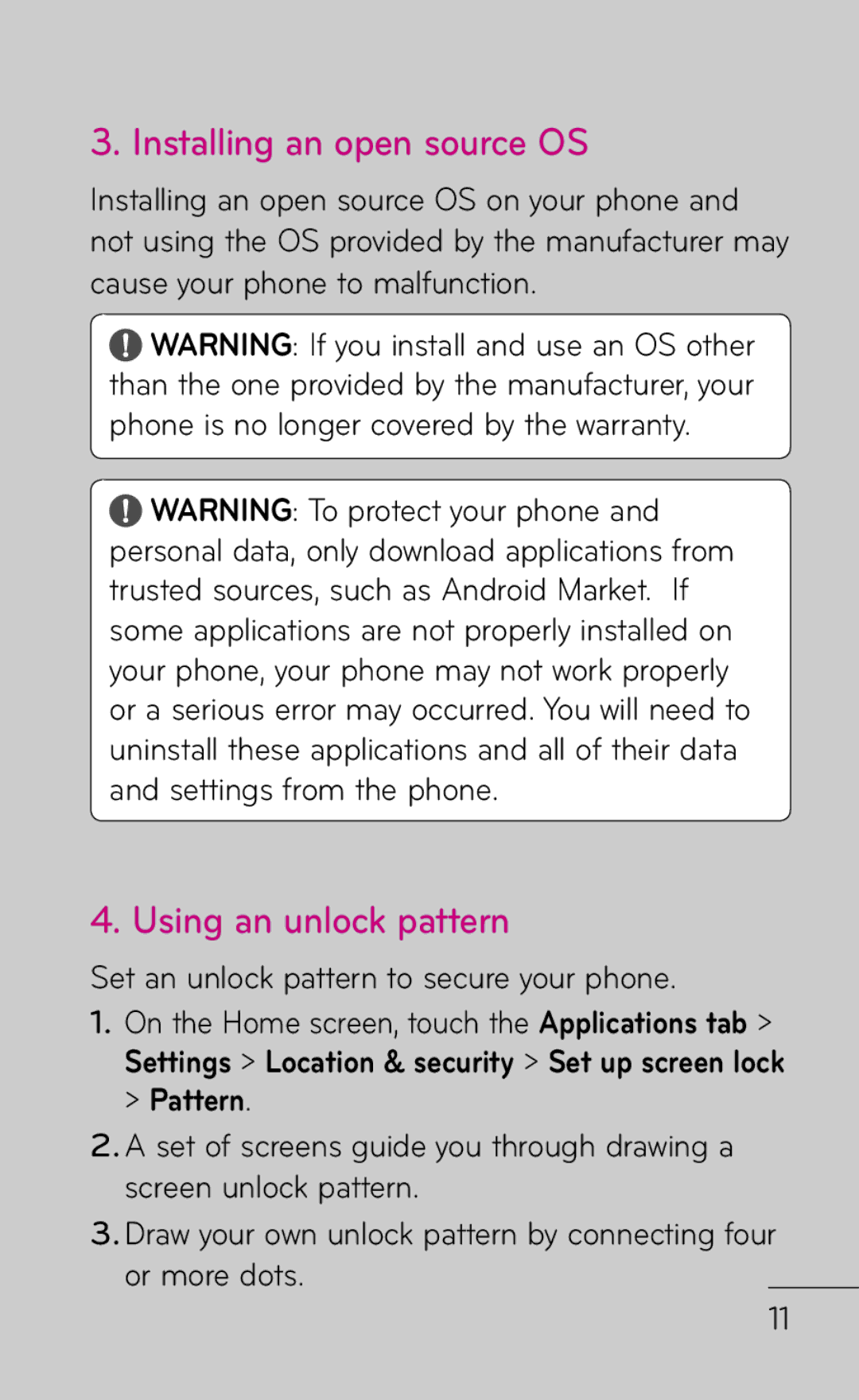 LG Electronics C800 manual Installing an open source OS, Using an unlock pattern 