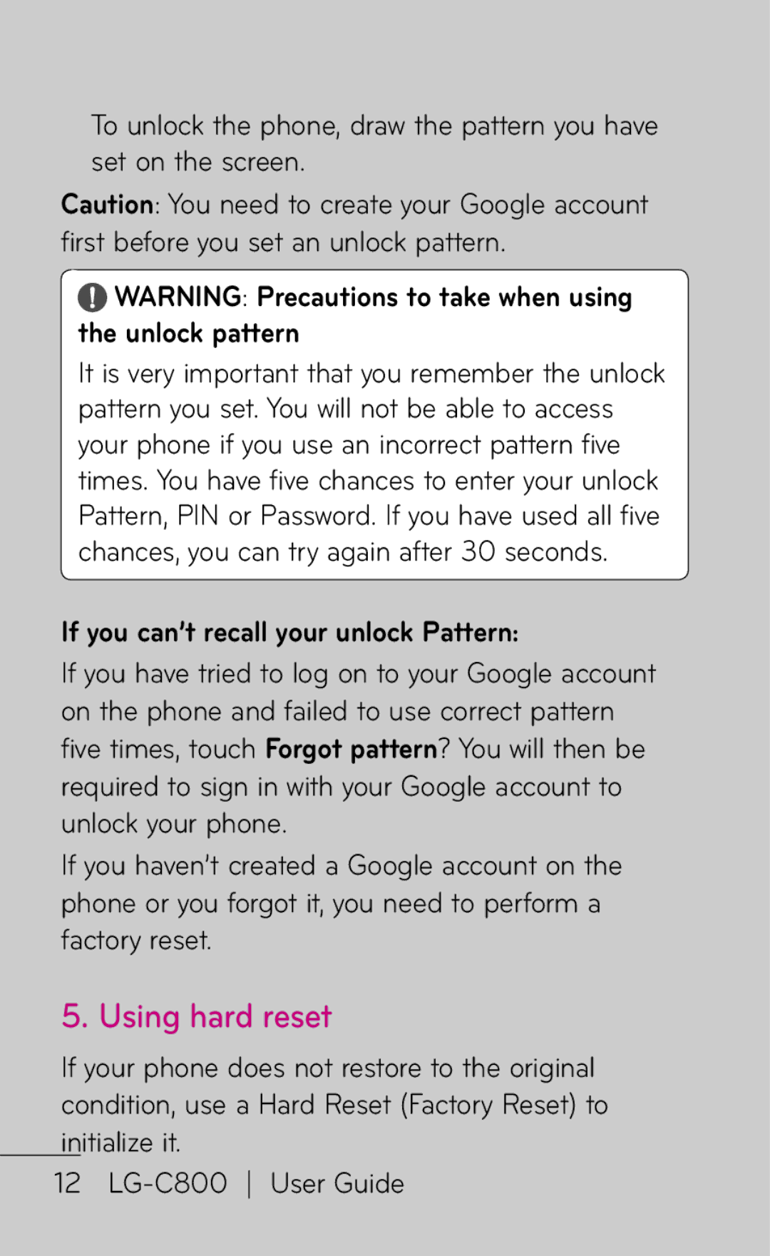 LG Electronics C800 manual Using hard reset, If you can’t recall your unlock Pattern 