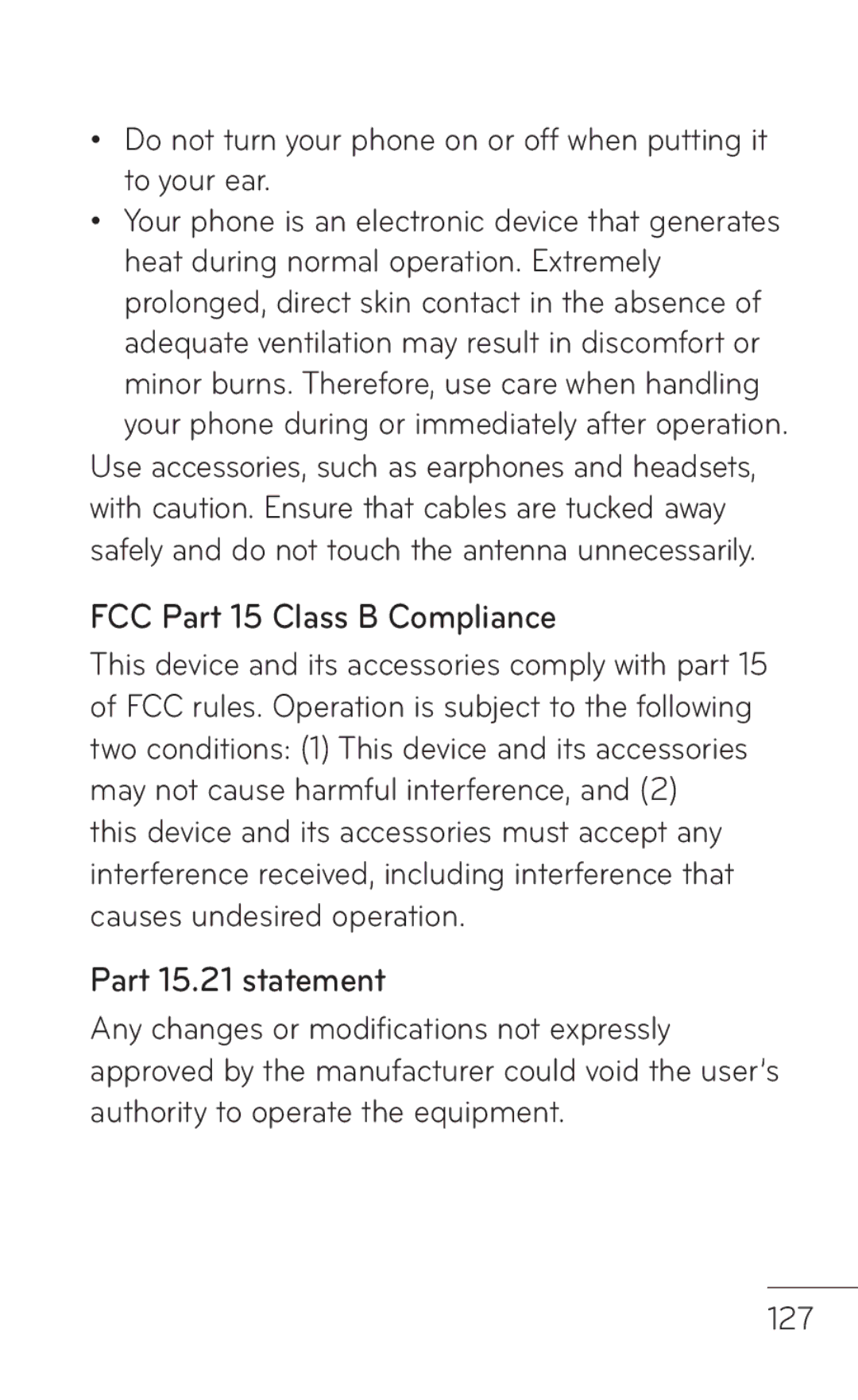 LG Electronics C800 manual FCC Part 15 Class B Compliance, Part 15.21 statement 