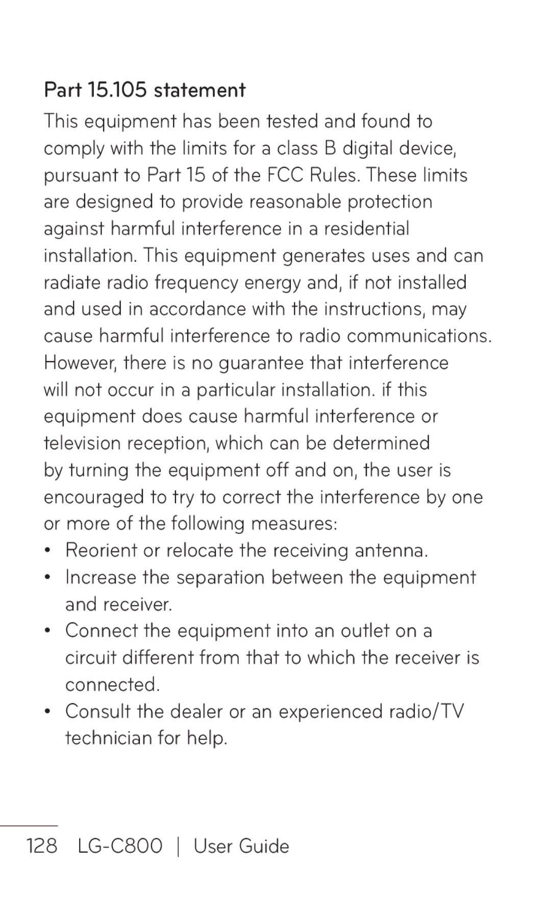 LG Electronics C800 manual Part 15.105 statement 