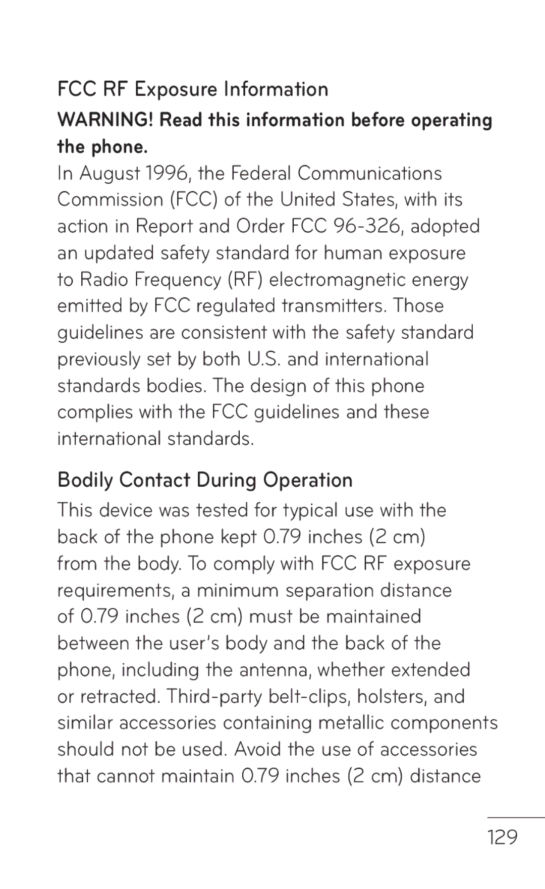 LG Electronics C800 manual FCC RF Exposure Information, Bodily Contact During Operation, 129 