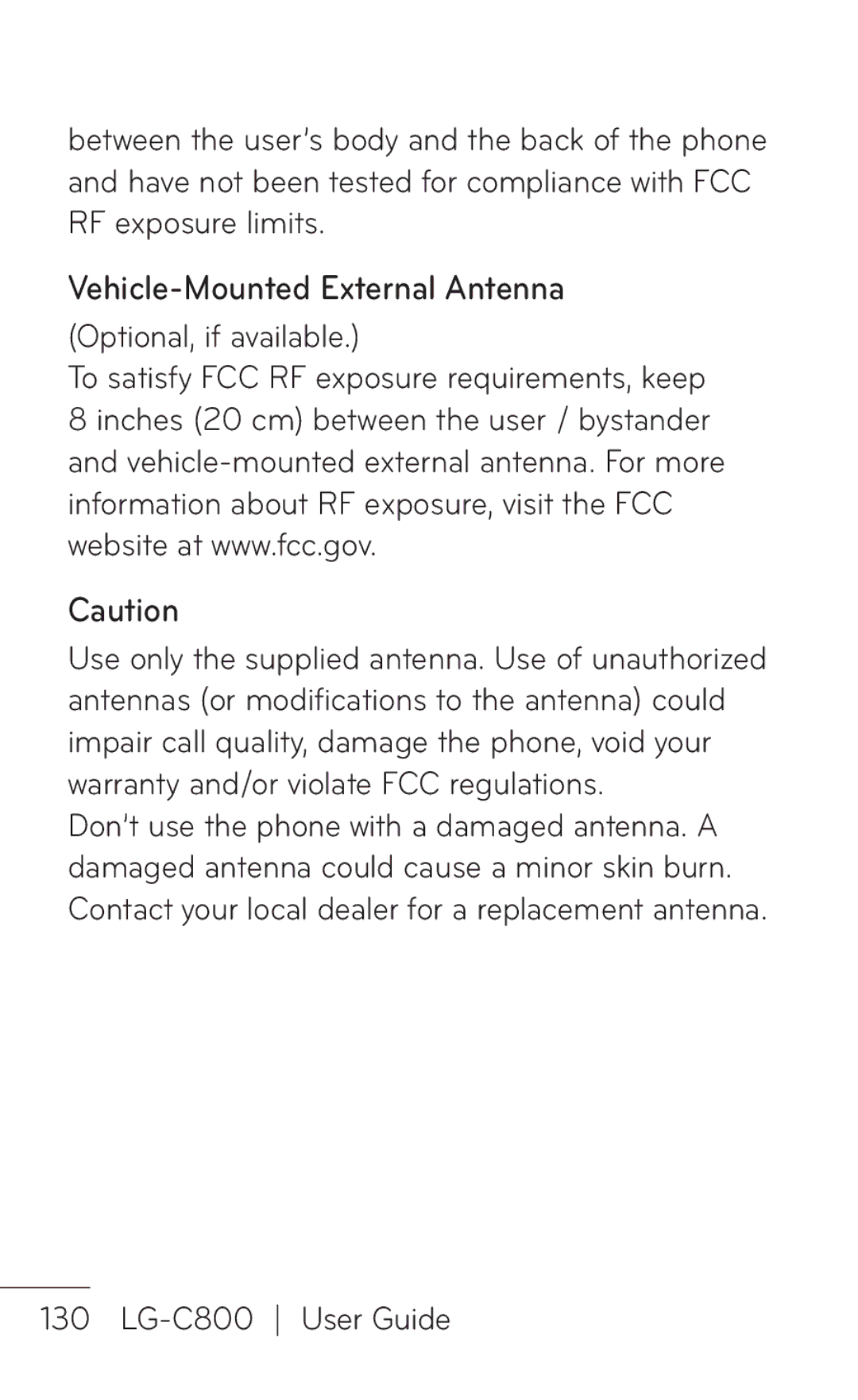 LG Electronics C800 manual Vehicle-Mounted External Antenna, Optional, if available 