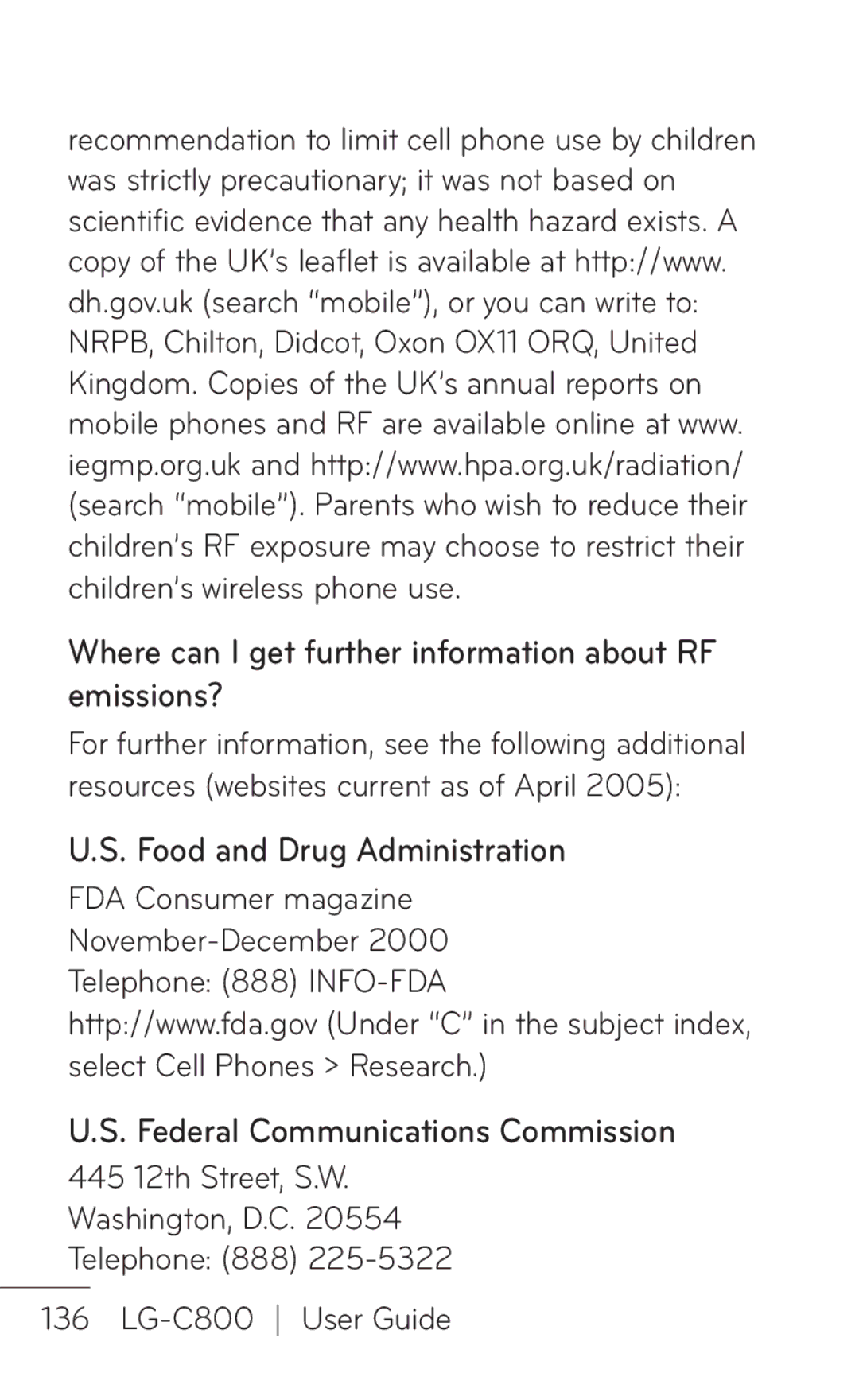 LG Electronics C800 manual Where can I get further information about RF emissions? 