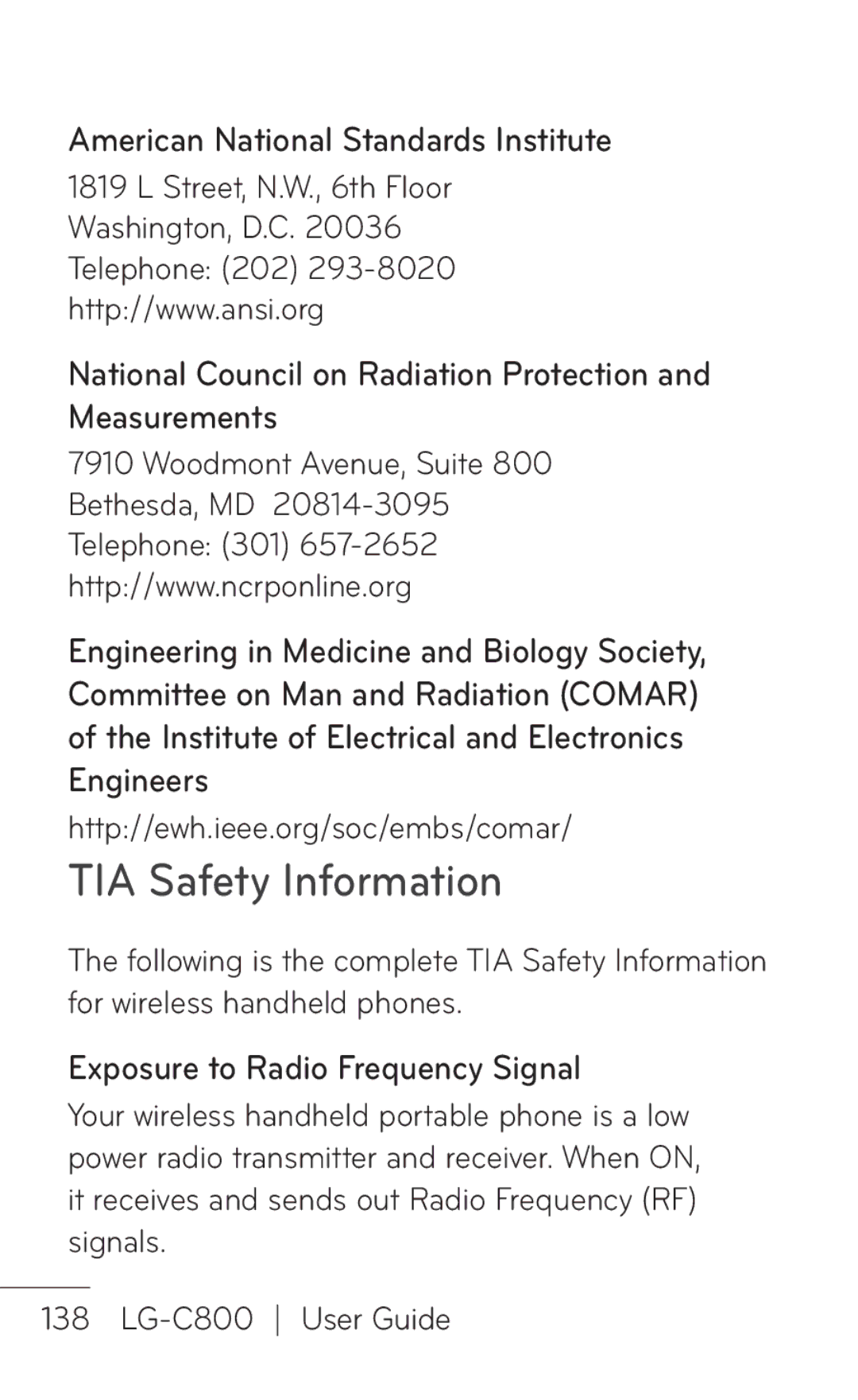 LG Electronics C800 manual Exposure to Radio Frequency Signal, Http//ewh.ieee.org/soc/embs/comar 