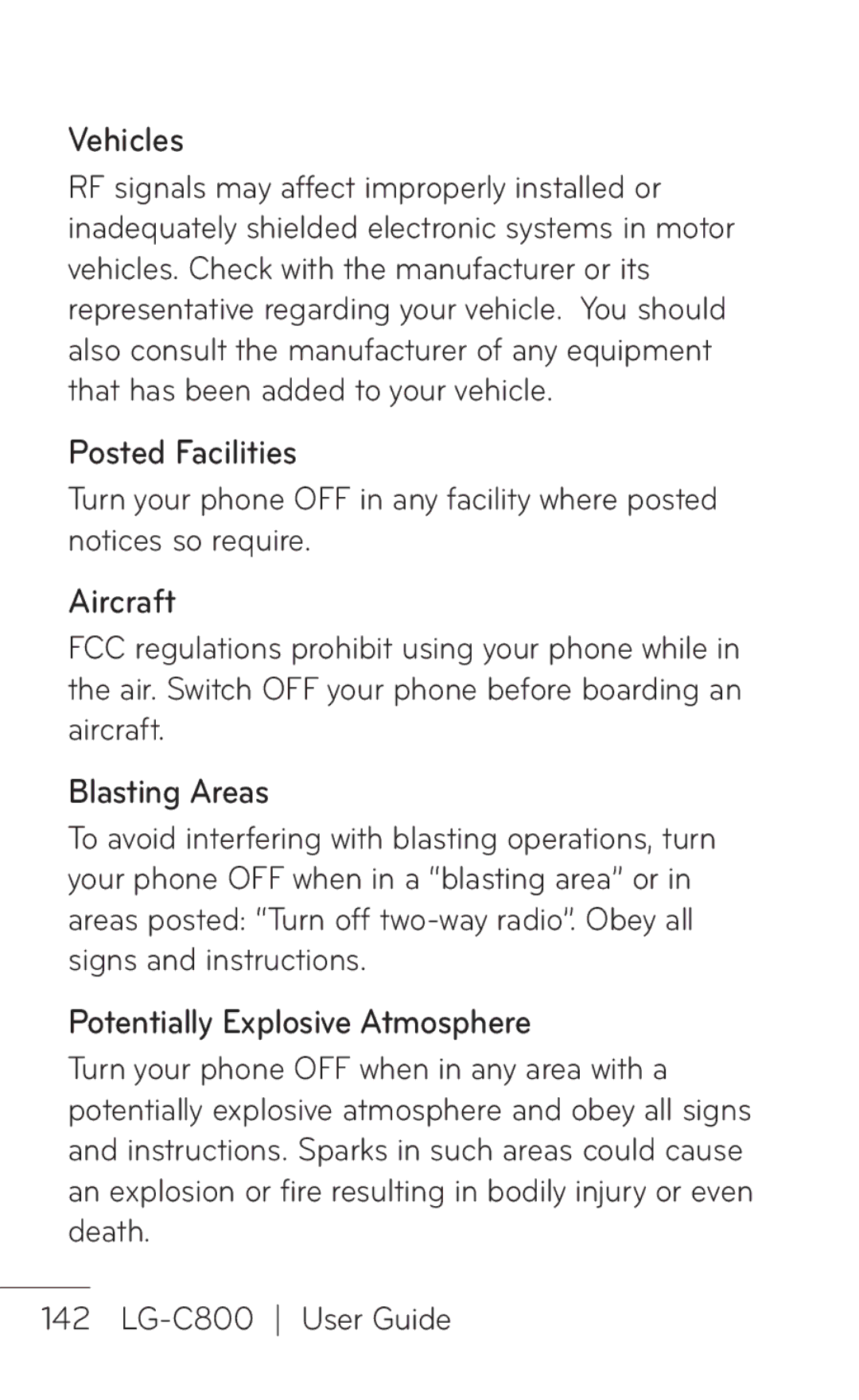 LG Electronics C800 manual Vehicles, Posted Facilities, Aircraft, Blasting Areas, Potentially Explosive Atmosphere 