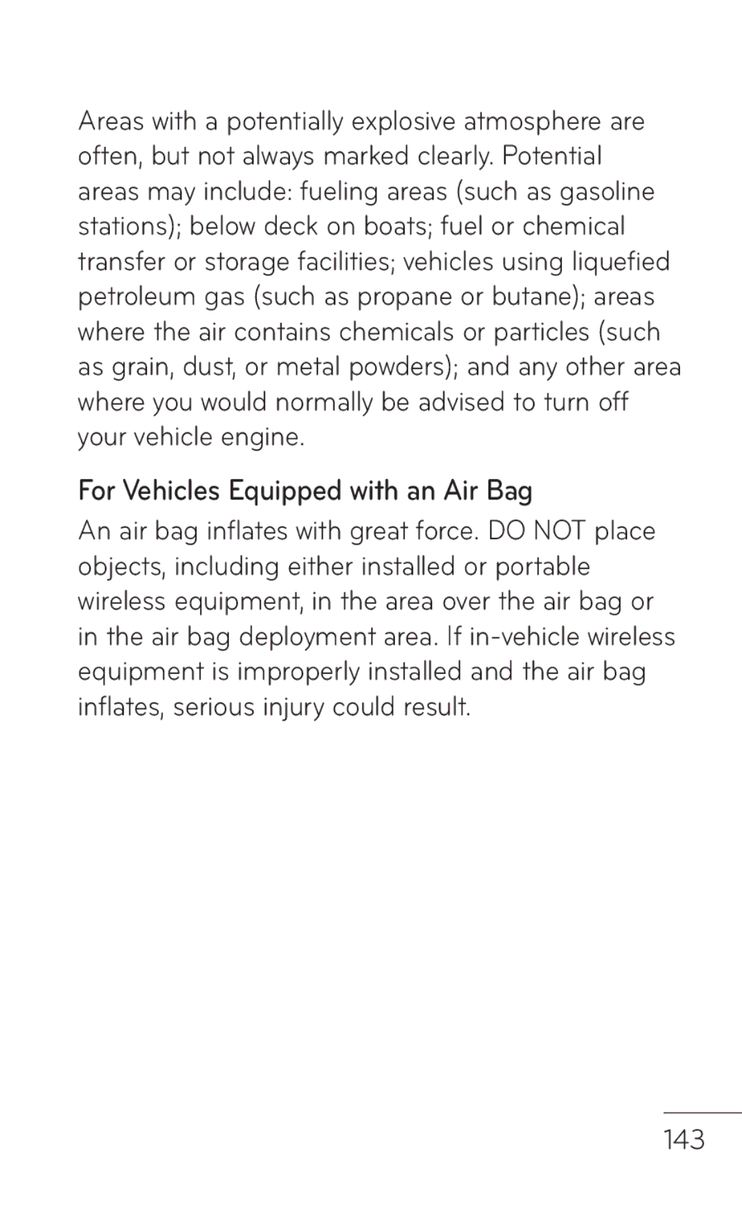 LG Electronics C800 manual For Vehicles Equipped with an Air Bag, 143 