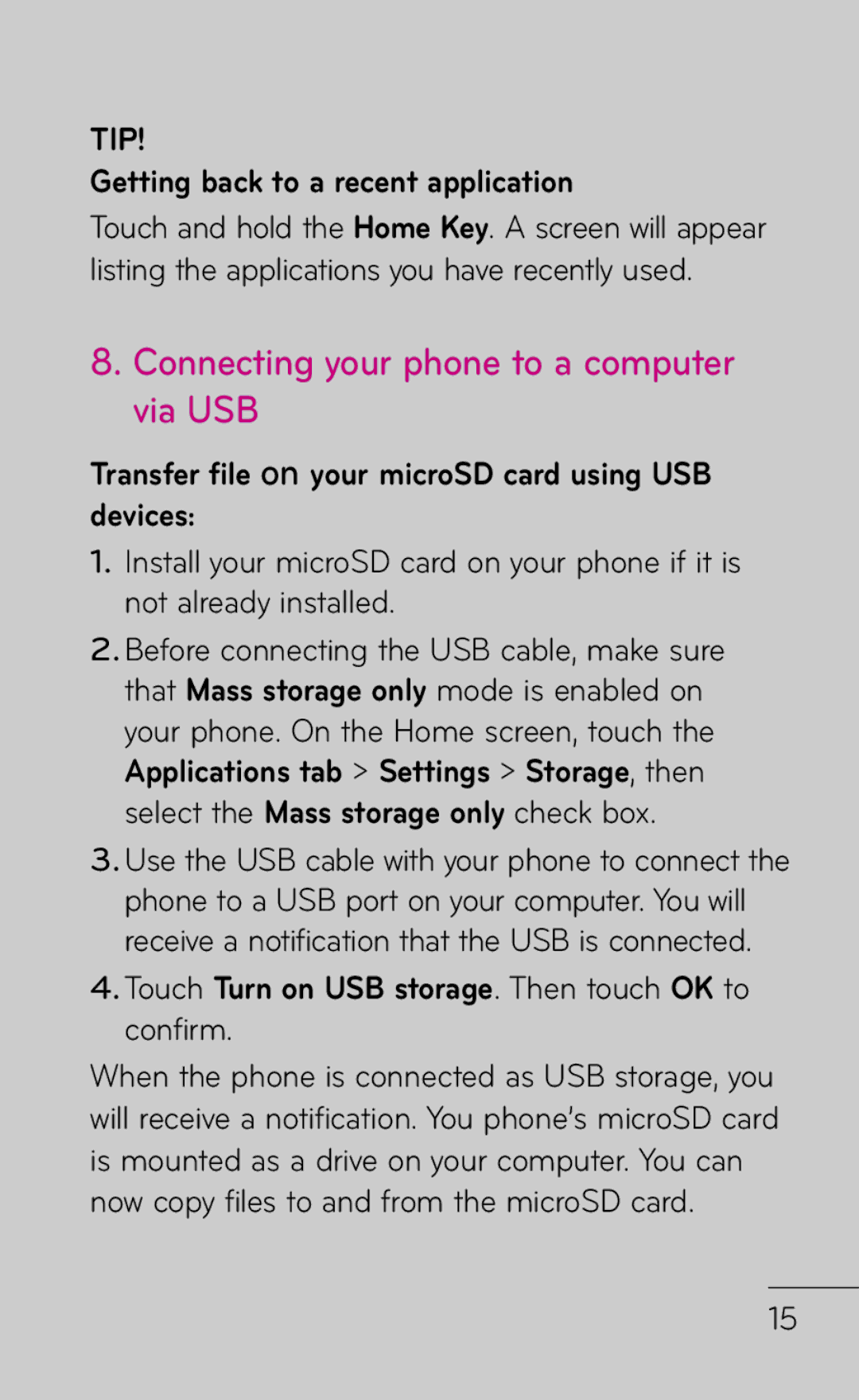 LG Electronics C800 manual Connecting your phone to a computer via USB, Getting back to a recent application 