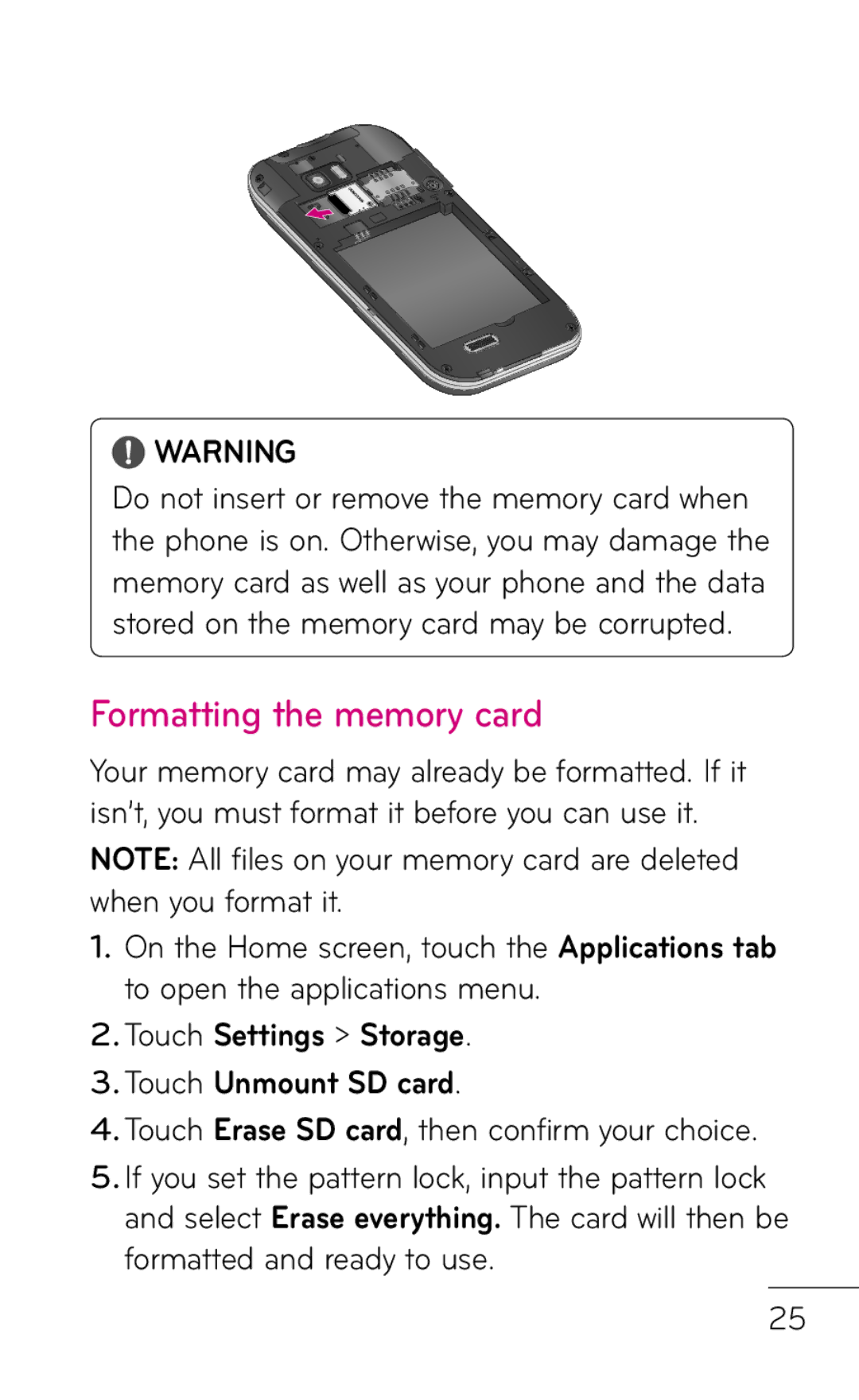 LG Electronics C800 manual Formatting the memory card, Touch Settings Storage Touch Unmount SD card 