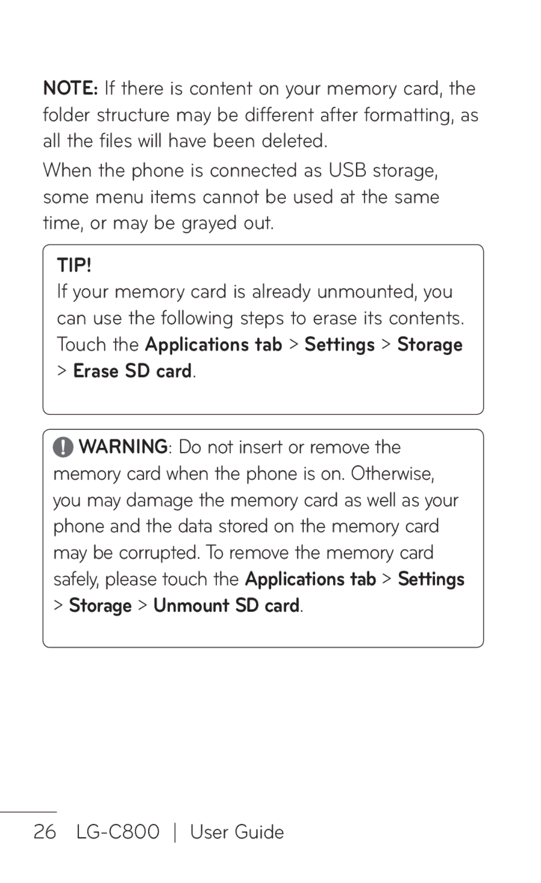 LG Electronics C800 manual Erase SD card Storage Unmount SD card 