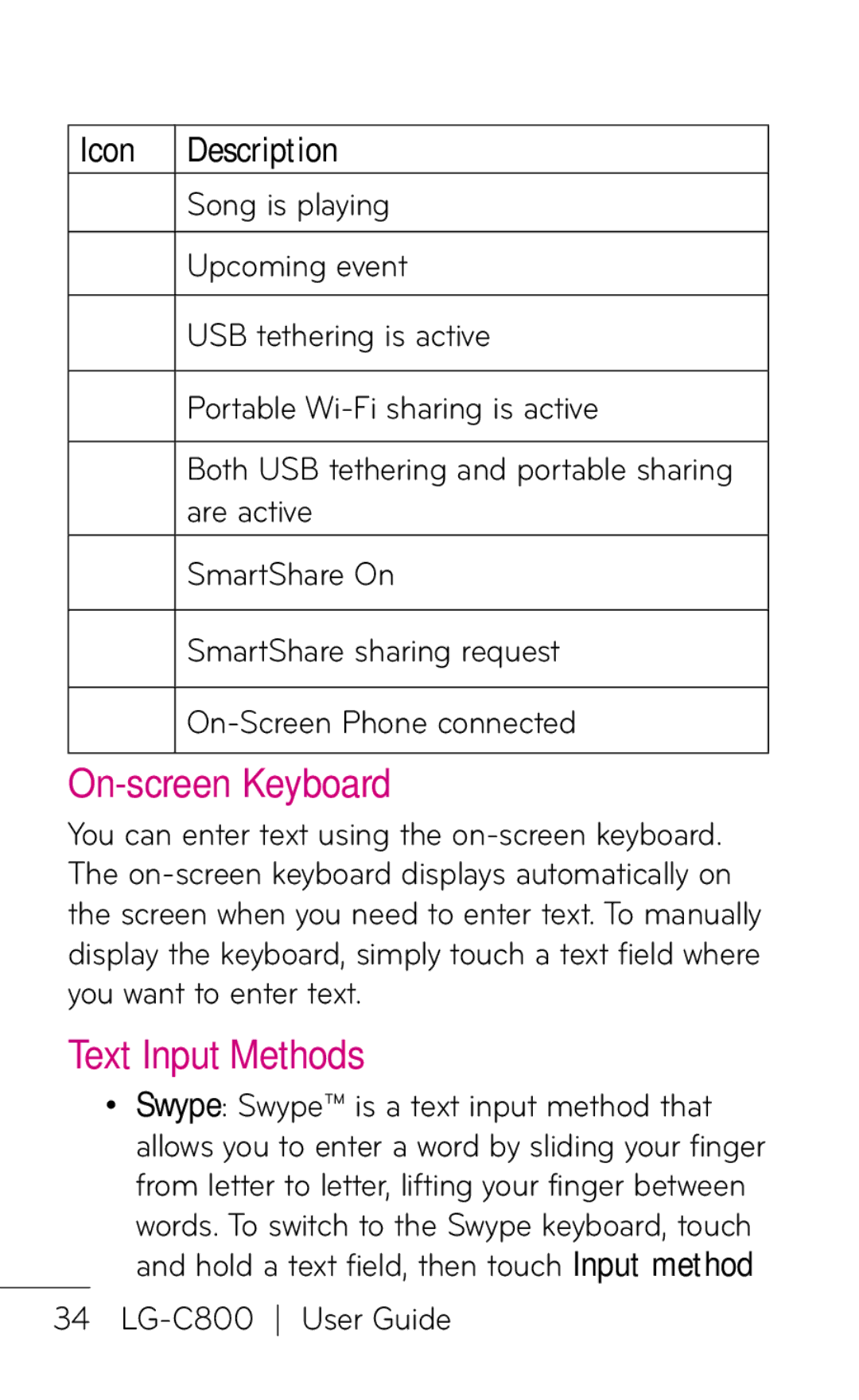 LG Electronics C800 manual On-screen Keyboard, Text Input Methods 