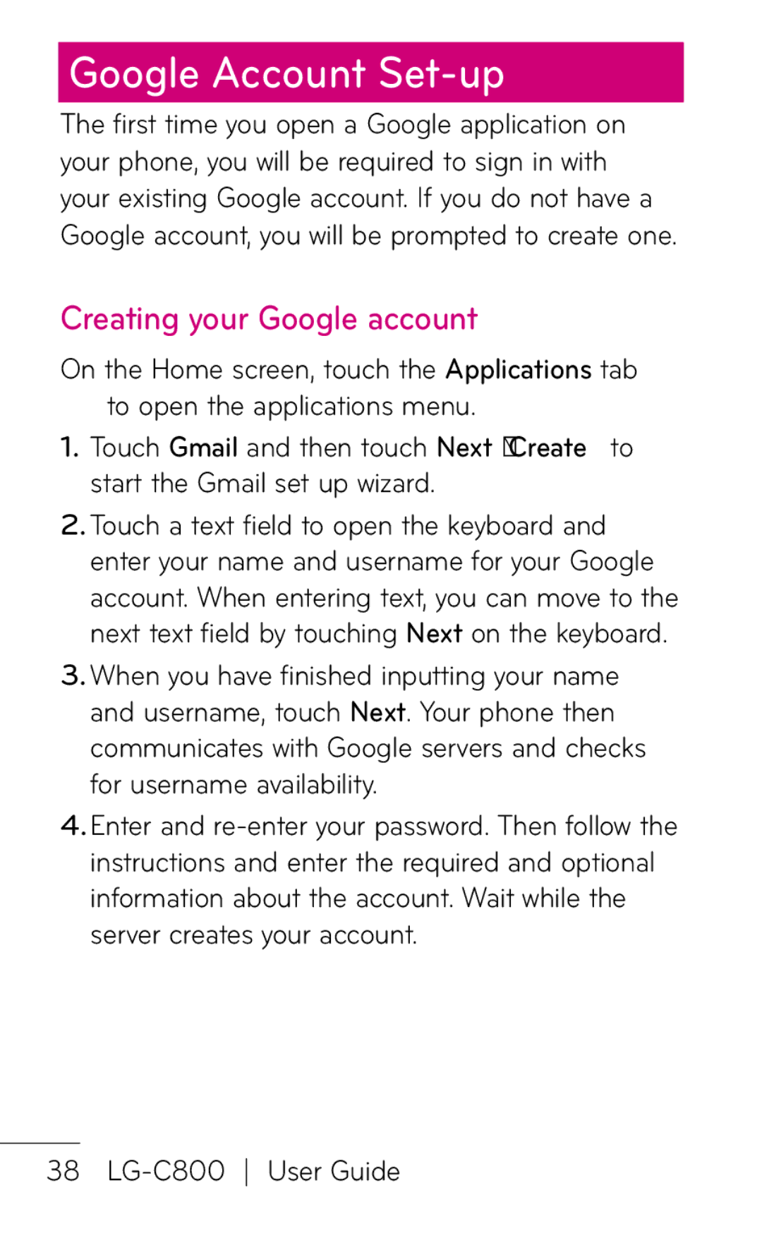 LG Electronics C800 manual Google Account Set-up, Creating your Google account 