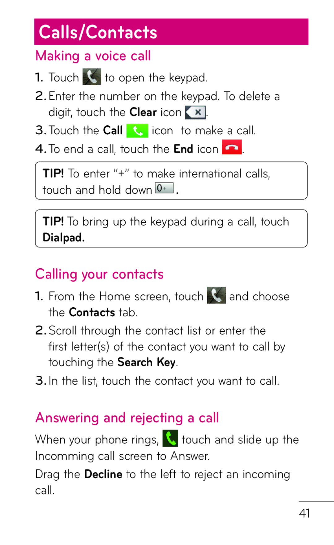 LG Electronics C800 manual Calls/Contacts, Making a voice call, Calling your contacts, Answering and rejecting a call 