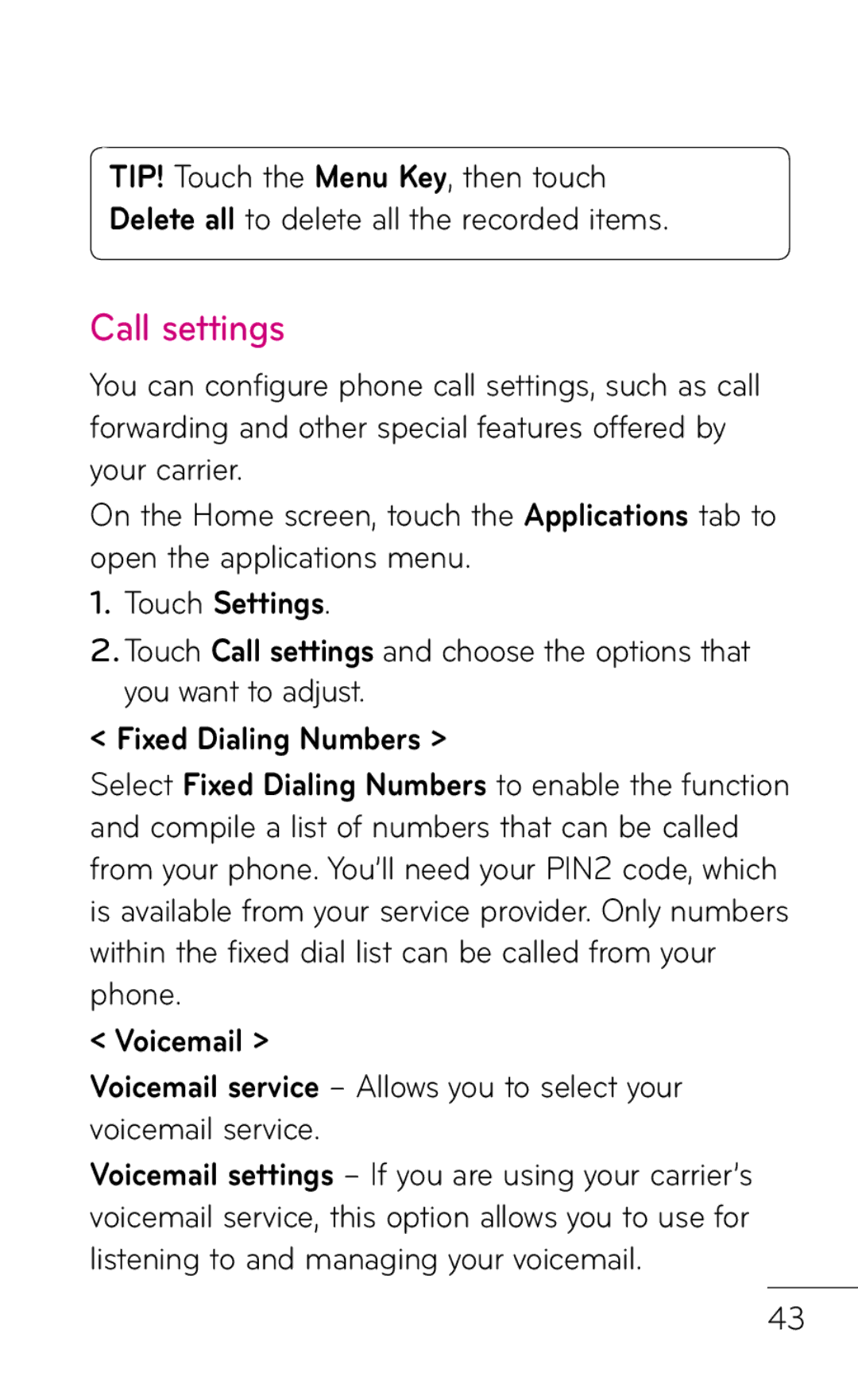 LG Electronics C800 manual Call settings, Touch Settings 