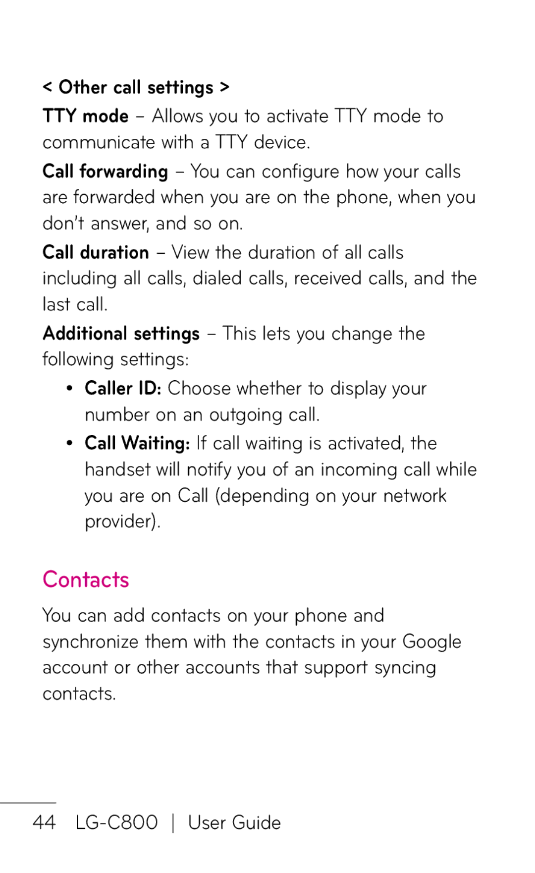 LG Electronics C800 manual Contacts, Other call settings 