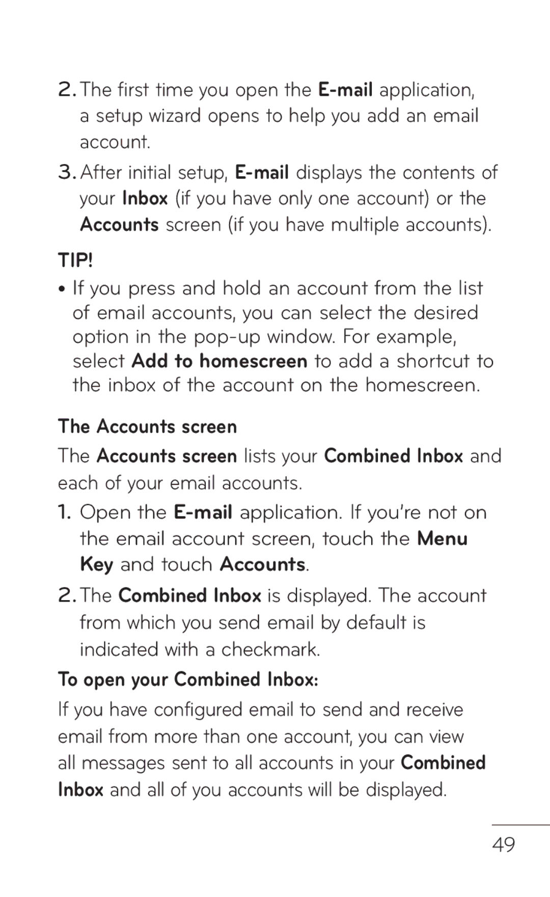 LG Electronics C800 manual Accounts screen, To open your Combined Inbox 