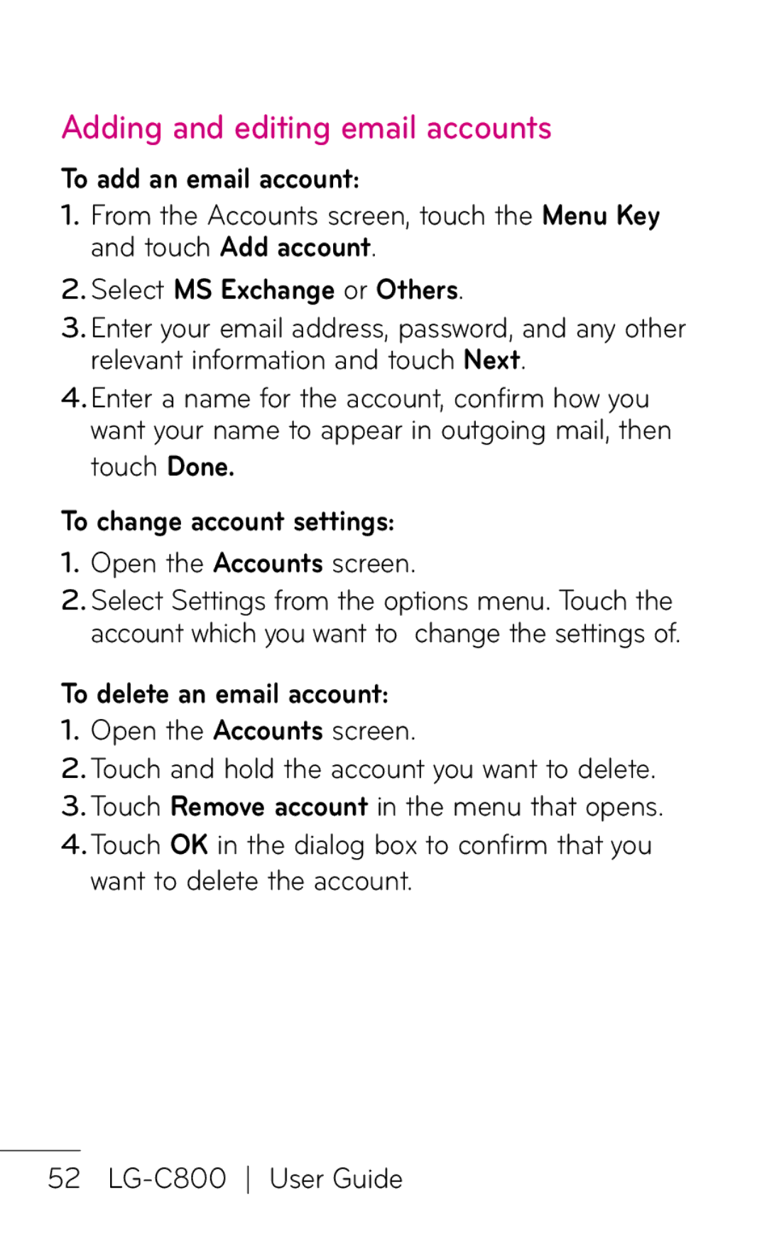 LG Electronics C800 manual Adding and editing email accounts, To add an email account, Select MS Exchange or Others 