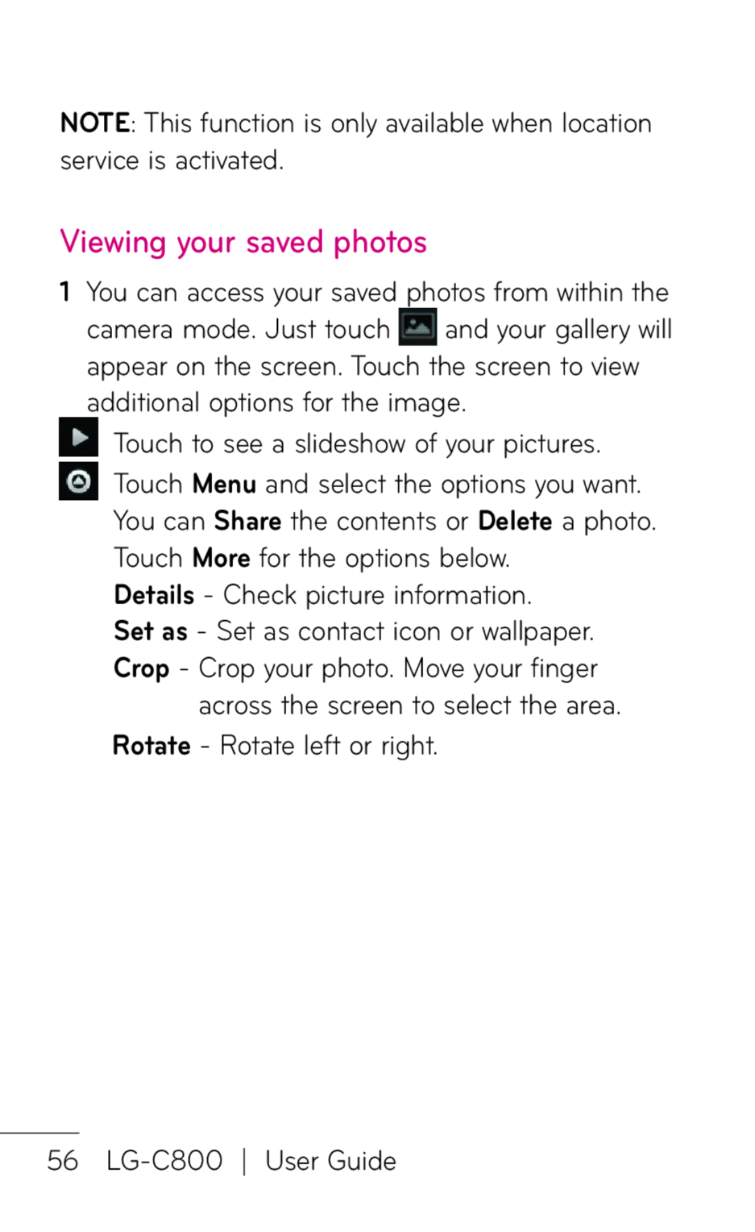 LG Electronics C800 manual Viewing your saved photos, Details Check picture information 