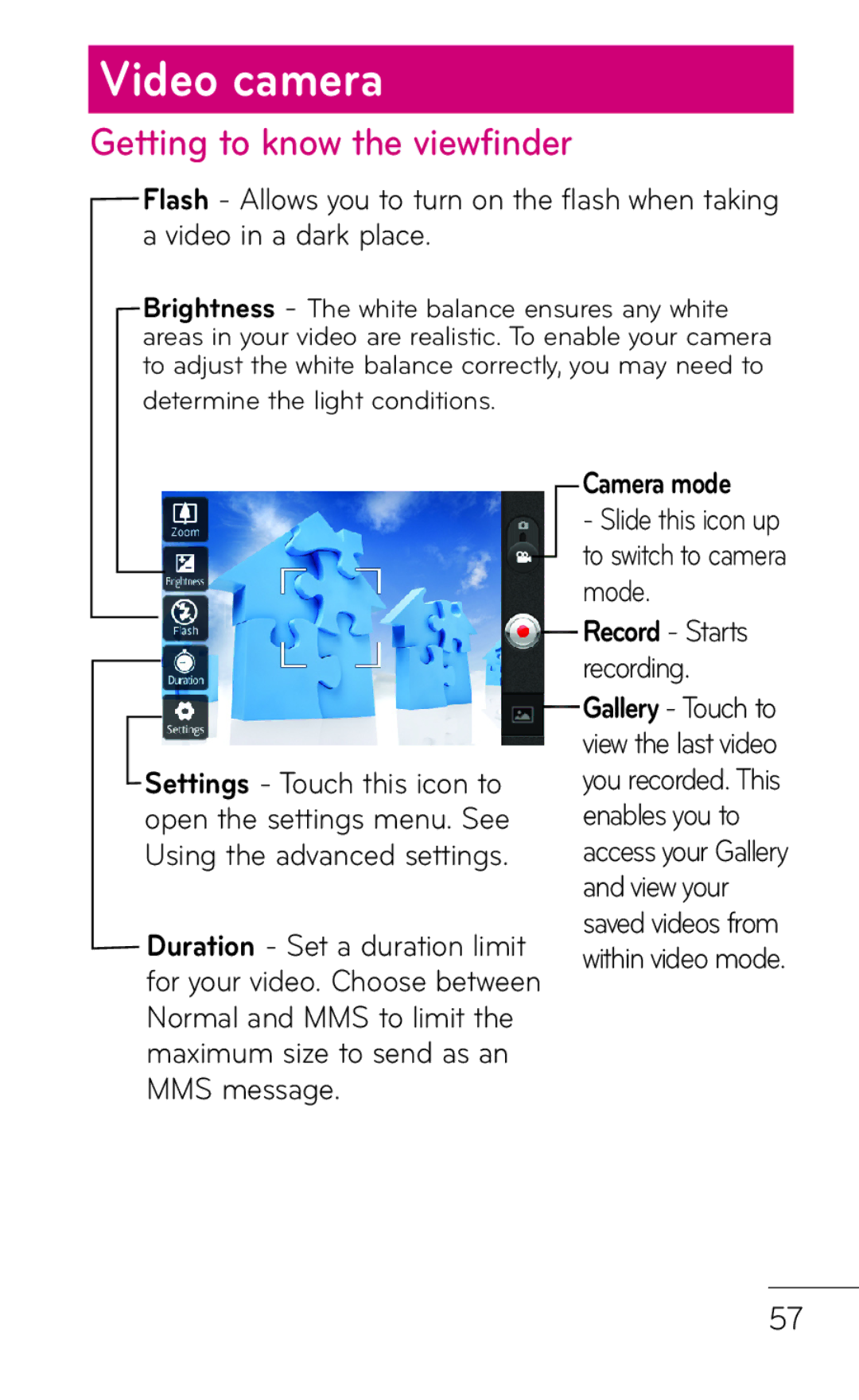 LG Electronics C800 manual Video camera, Camera mode 