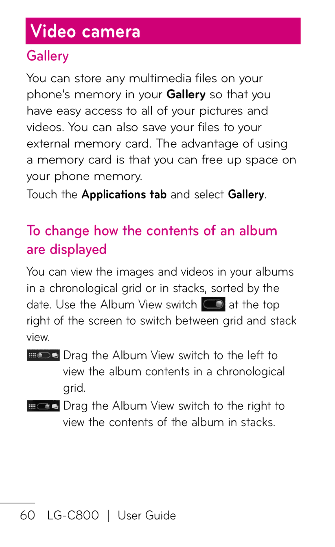 LG Electronics C800 manual Gallery, To change how the contents of an album are displayed 