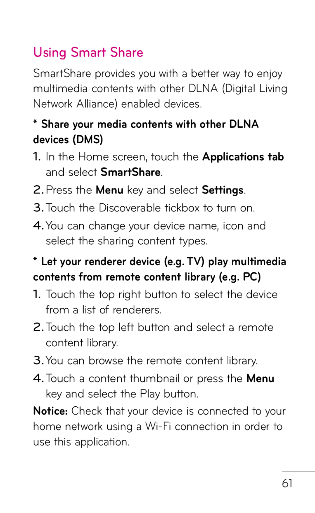 LG Electronics C800 manual Using Smart Share, Share your media contents with other Dlna devices DMS 