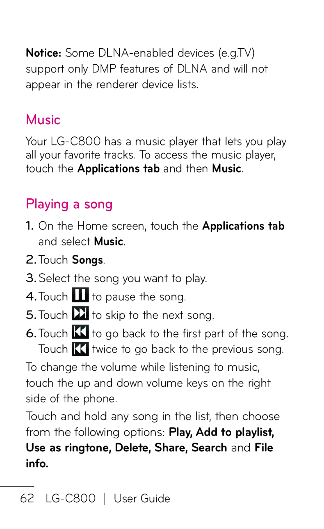 LG Electronics C800 manual Music, Playing a song, To pause the song, To skip to the next song 