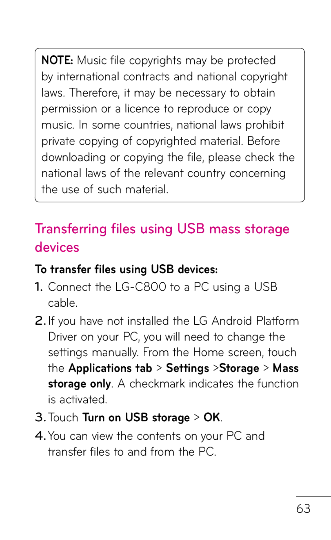 LG Electronics C800 manual Transferring files using USB mass storage devices, To transfer files using USB devices 