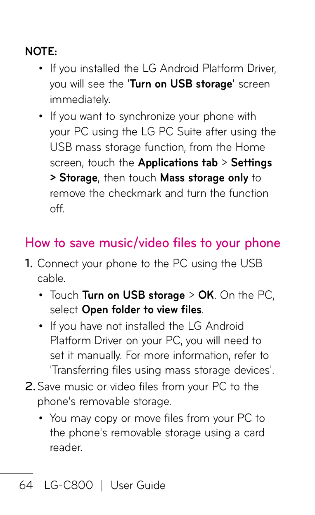 LG Electronics C800 manual How to save music/video files to your phone, Connect your phone to the PC using the USB cable 