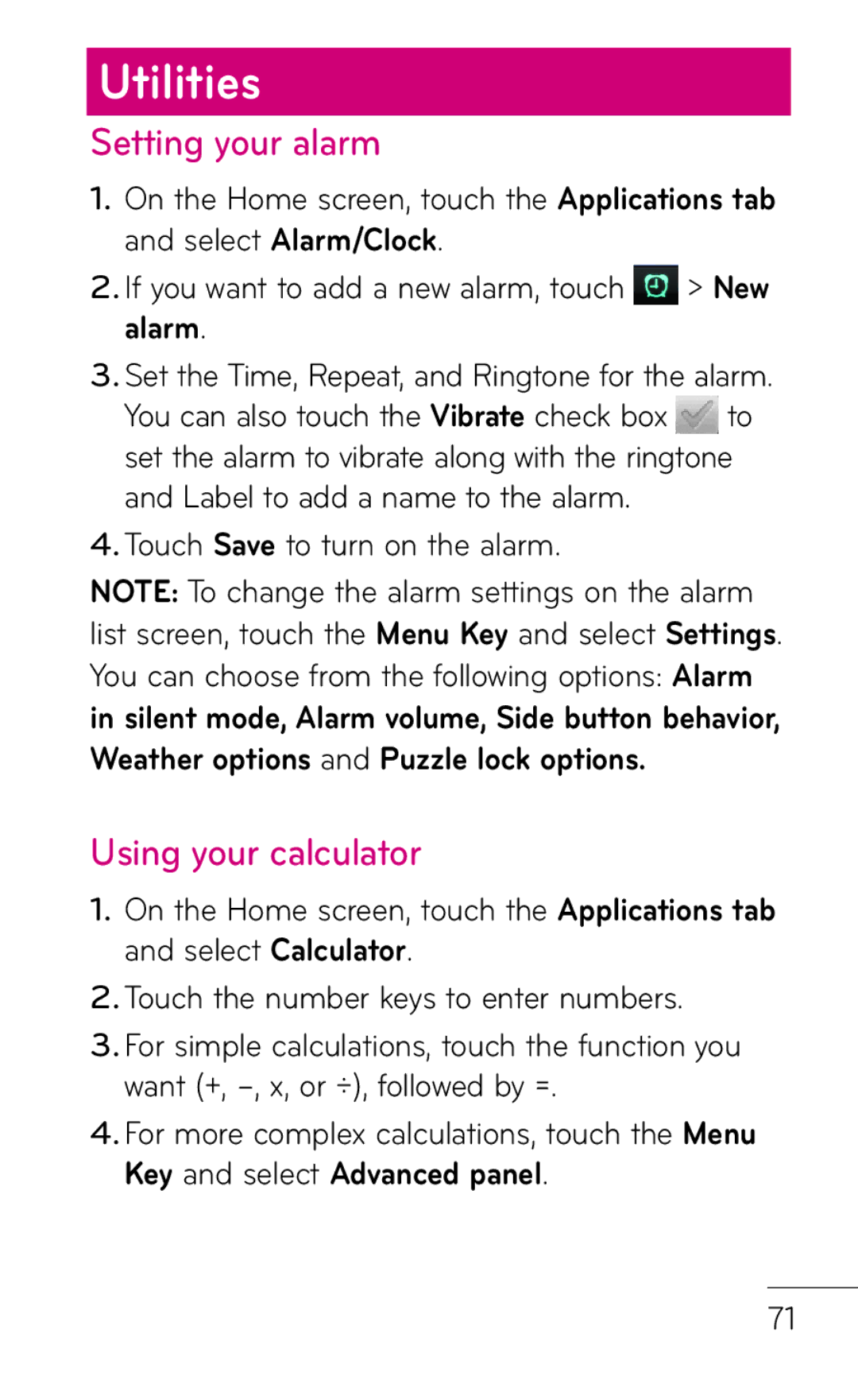 LG Electronics C800 manual Utilities, Setting your alarm, Using your calculator, Alarm, Touch Save to turn on the alarm 