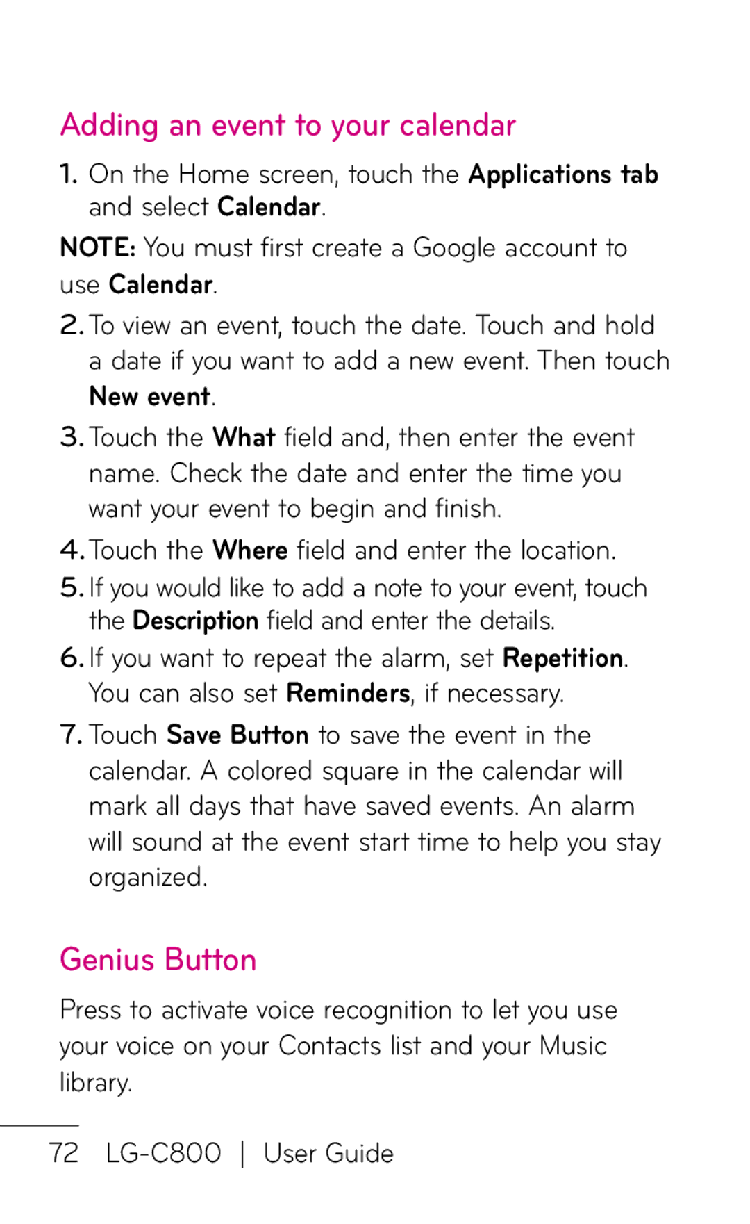 LG Electronics C800 manual Adding an event to your calendar, Genius Button, Touch the Where field and enter the location 