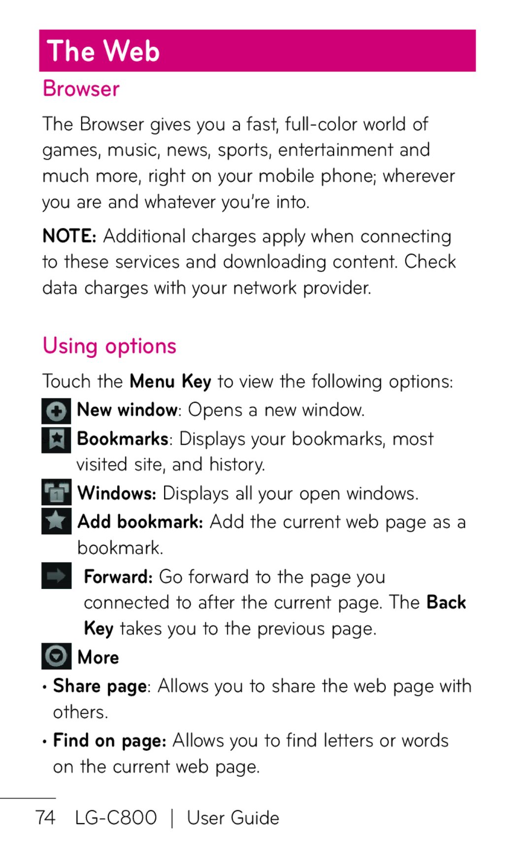 LG Electronics C800 manual Web, Browser, Using options, More 