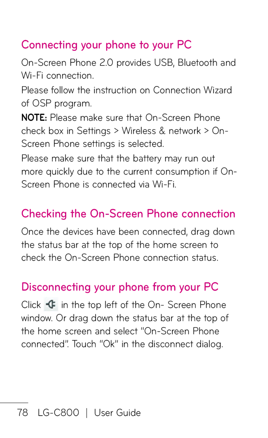 LG Electronics C800 manual Connecting your phone to your PC, Checking the On-Screen Phone connection 