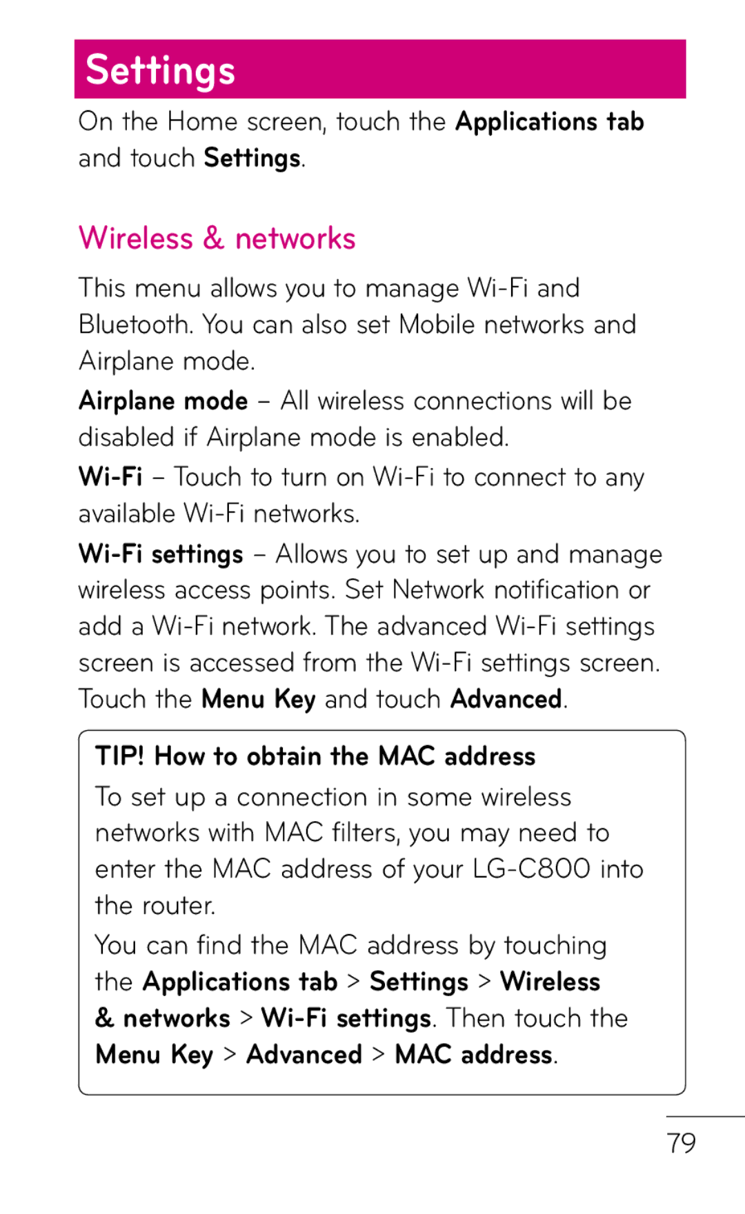 LG Electronics C800 manual Settings, Wireless & networks, TIP! How to obtain the MAC address 