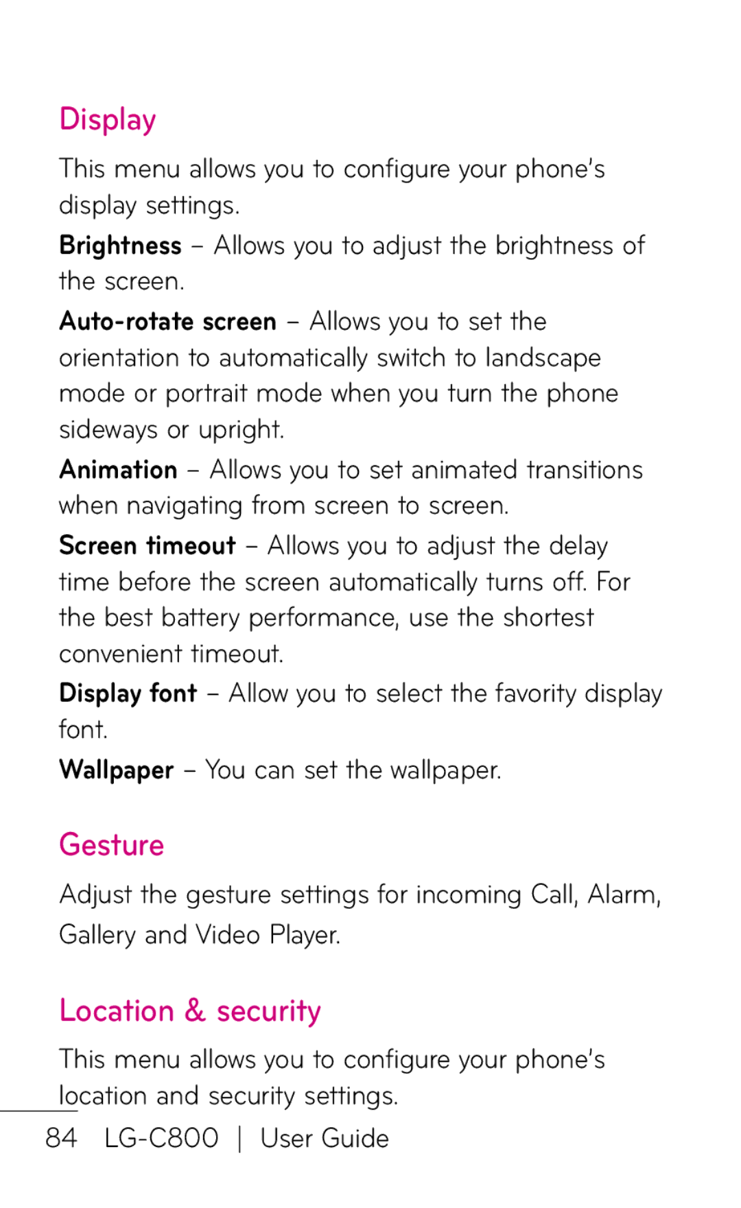 LG Electronics C800 manual Display, Gesture, Location & security 