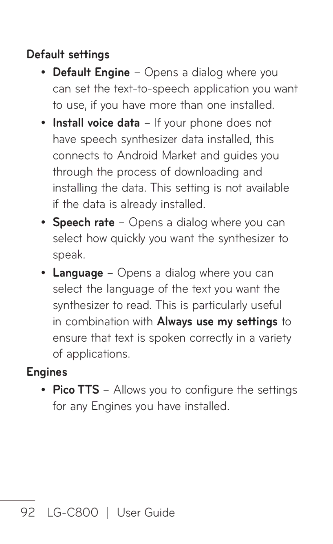 LG Electronics C800 manual Default settings, Engines 