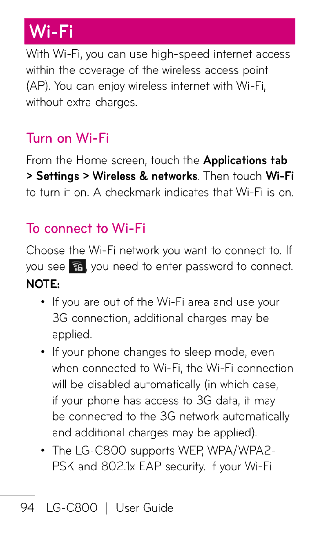 LG Electronics C800 manual Turn on Wi-Fi, To connect to Wi-Fi 