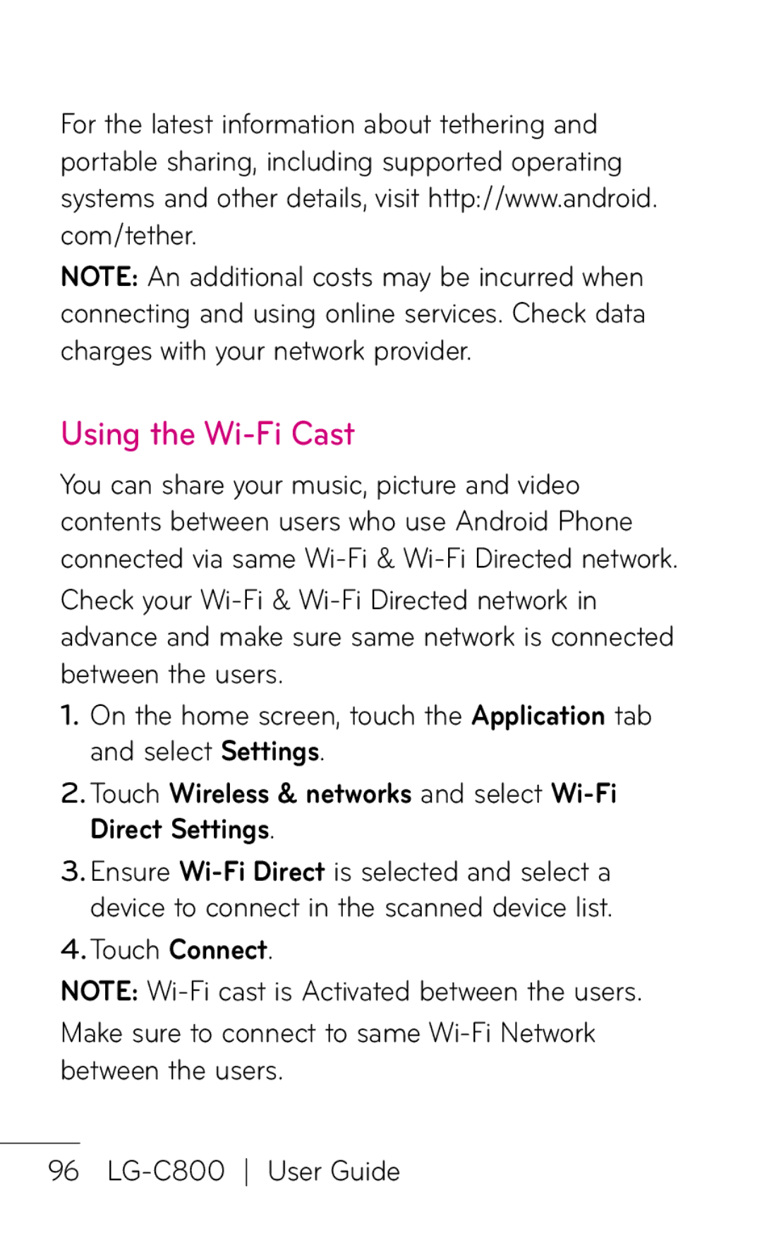 LG Electronics C800 manual Using the Wi-Fi Cast, Touch Wireless & networks and select Wi-Fi Direct Settings 