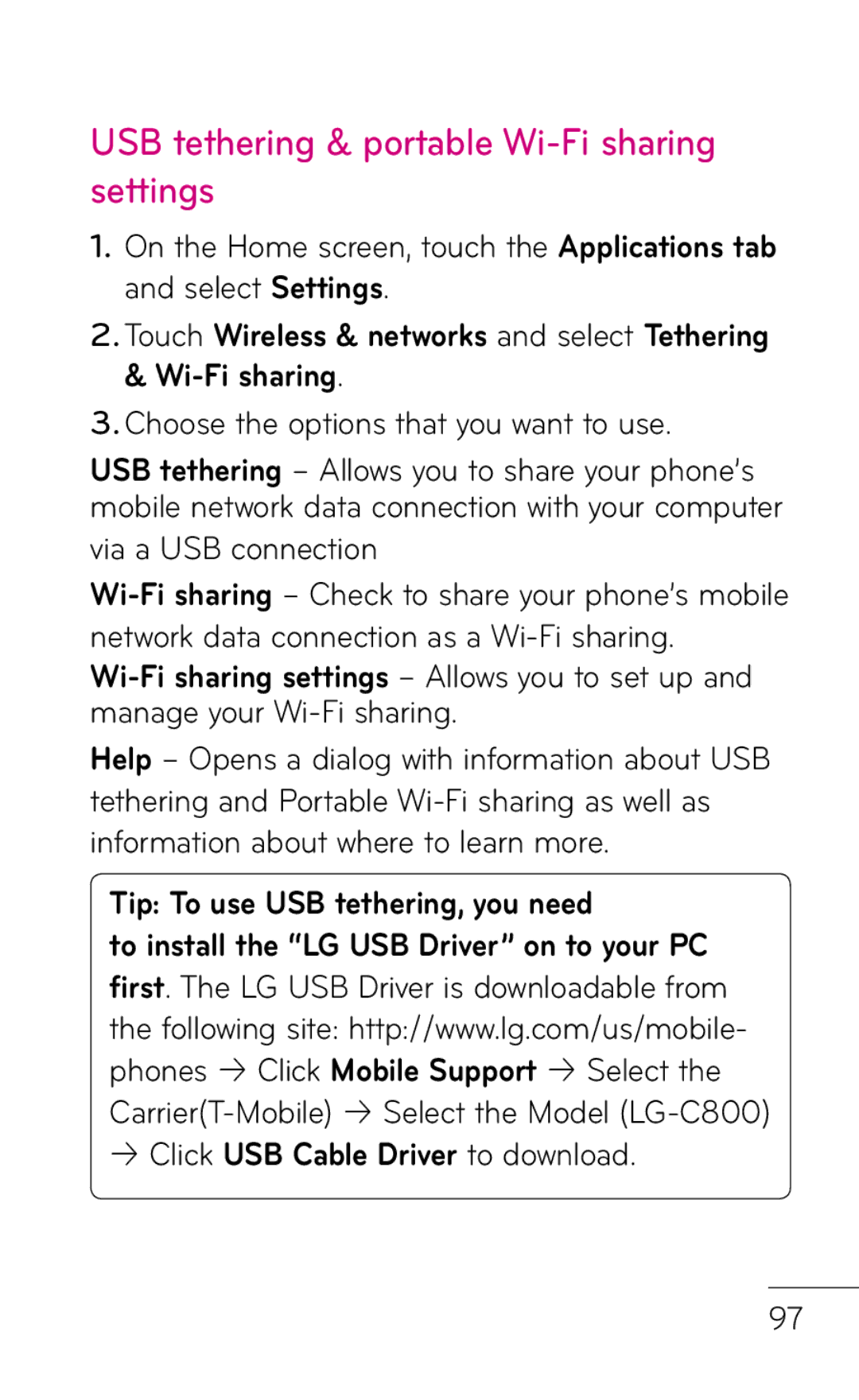 LG Electronics C800 manual USB tethering & portable Wi-Fi sharing settings, Choose the options that you want to use 