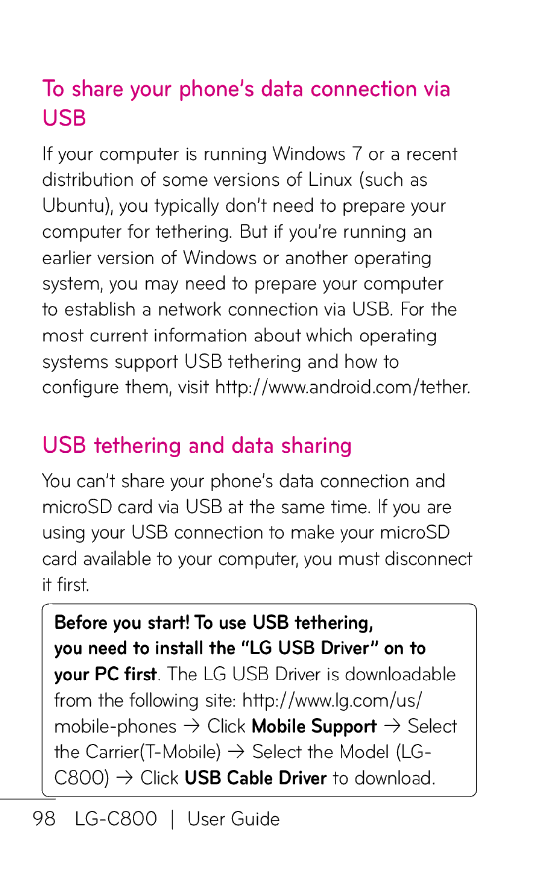 LG Electronics C800 manual To share your phone’s data connection via, USB tethering and data sharing 