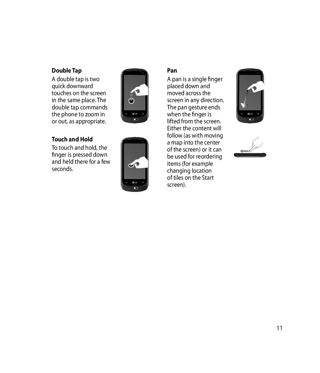 LG Electronics C900B manual Double Tap Pan, Touch and Hold 