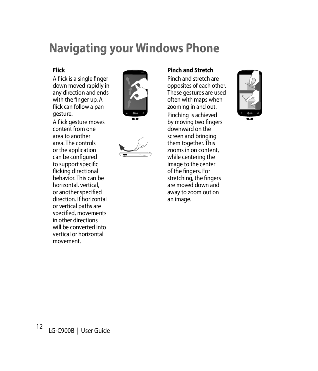 LG Electronics C900B manual Navigating your Windows Phone, Flick, Pinch and Stretch 