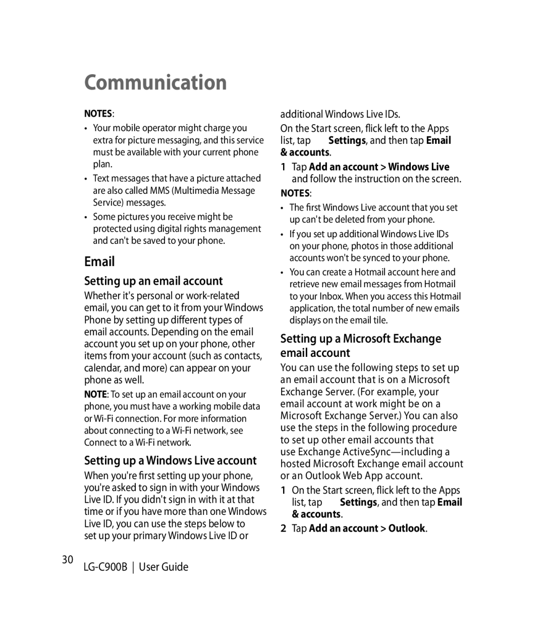 LG Electronics C900B manual Setting up an email account, Setting up a Microsoft Exchange email account 