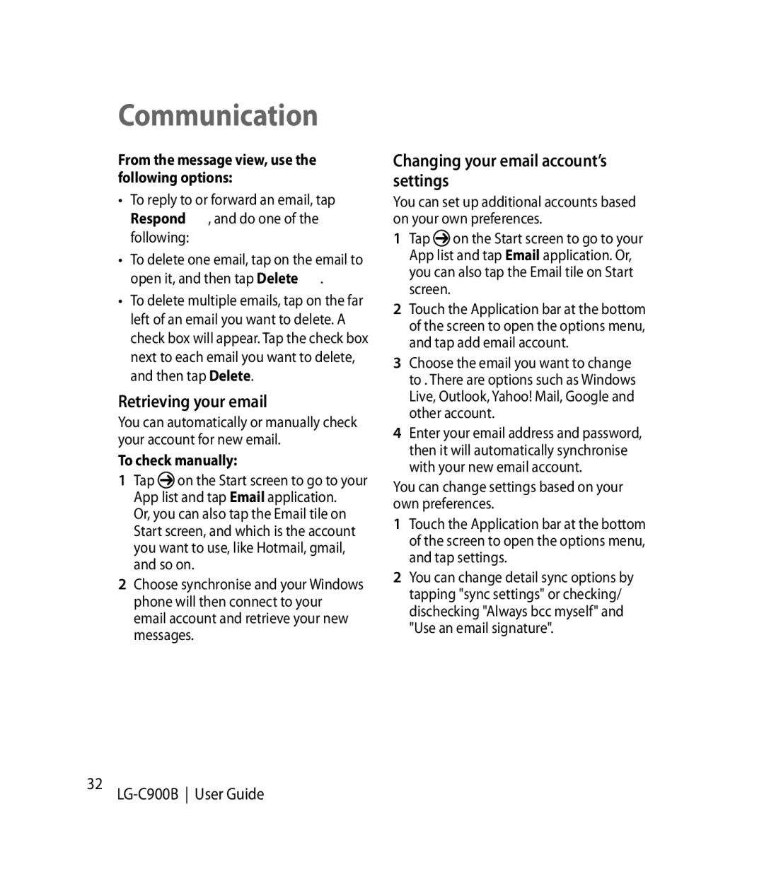 LG Electronics C900B Retrieving your email, Changing your email account’s settings, To check manually 