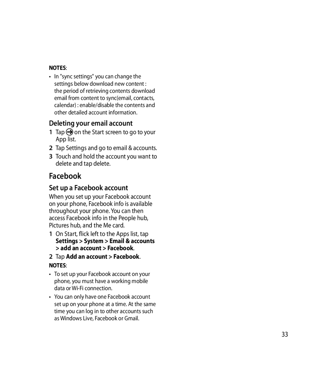 LG Electronics C900B manual Deleting your email account, Set up a Facebook account, Tap Add an account Facebook 