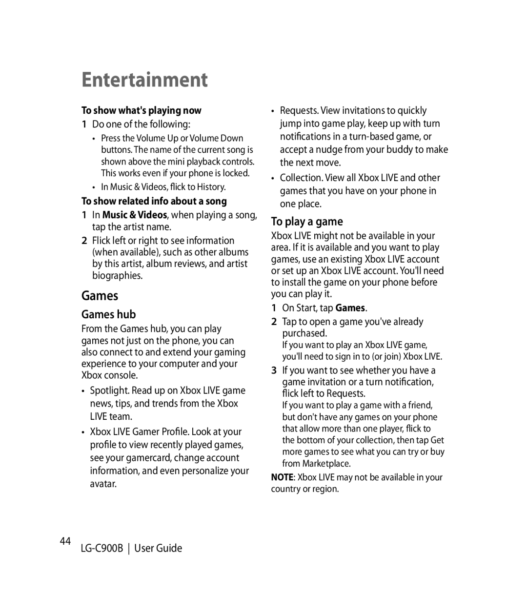 LG Electronics C900B manual Games hub, To play a game, To show whats playing now, To show related info about a song 