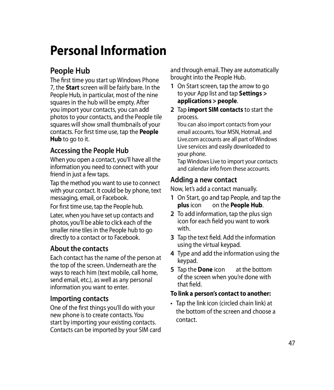 LG Electronics C900B manual Personal Information, People Hub 