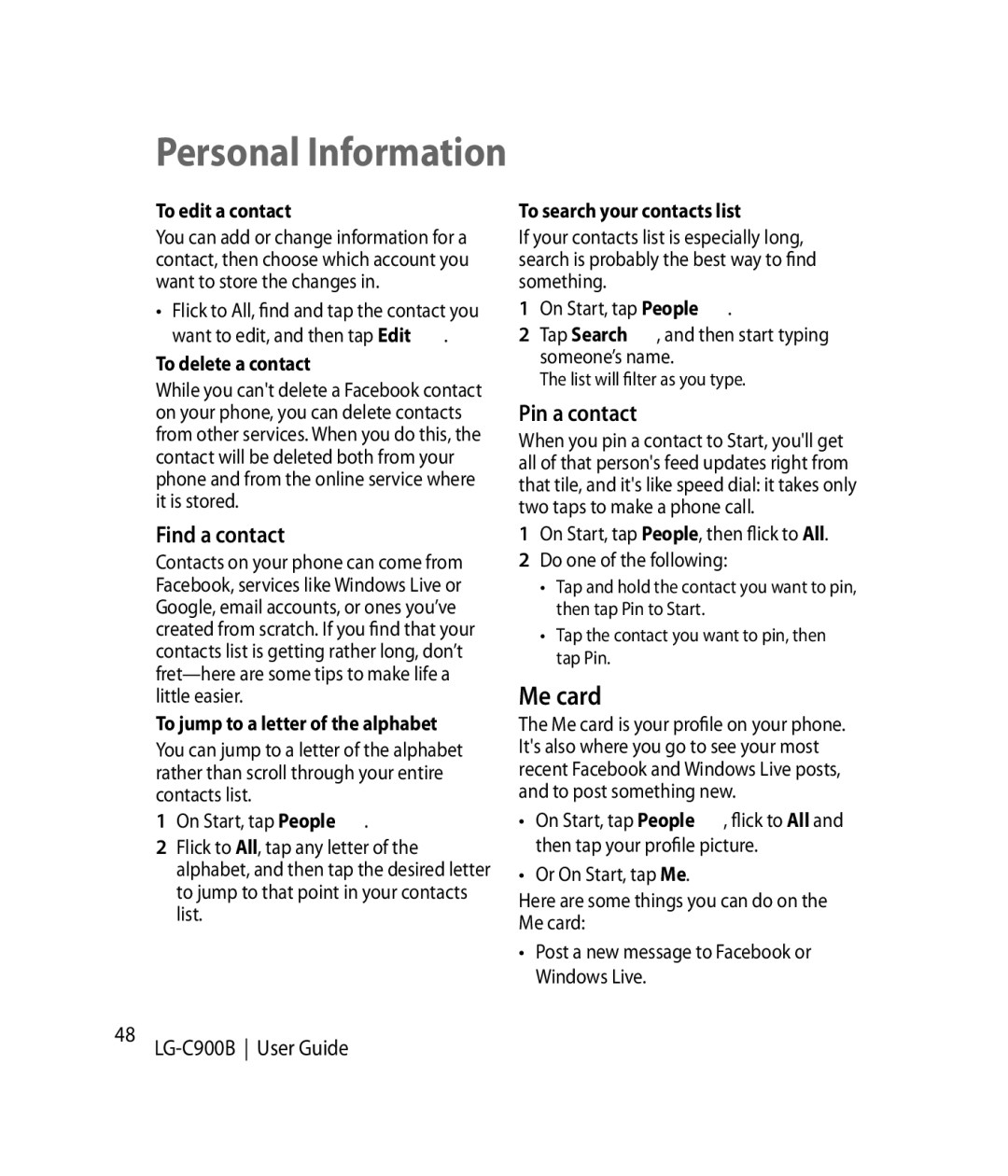 LG Electronics C900B manual Personal Information, Me card, Find a contact, Pin a contact 