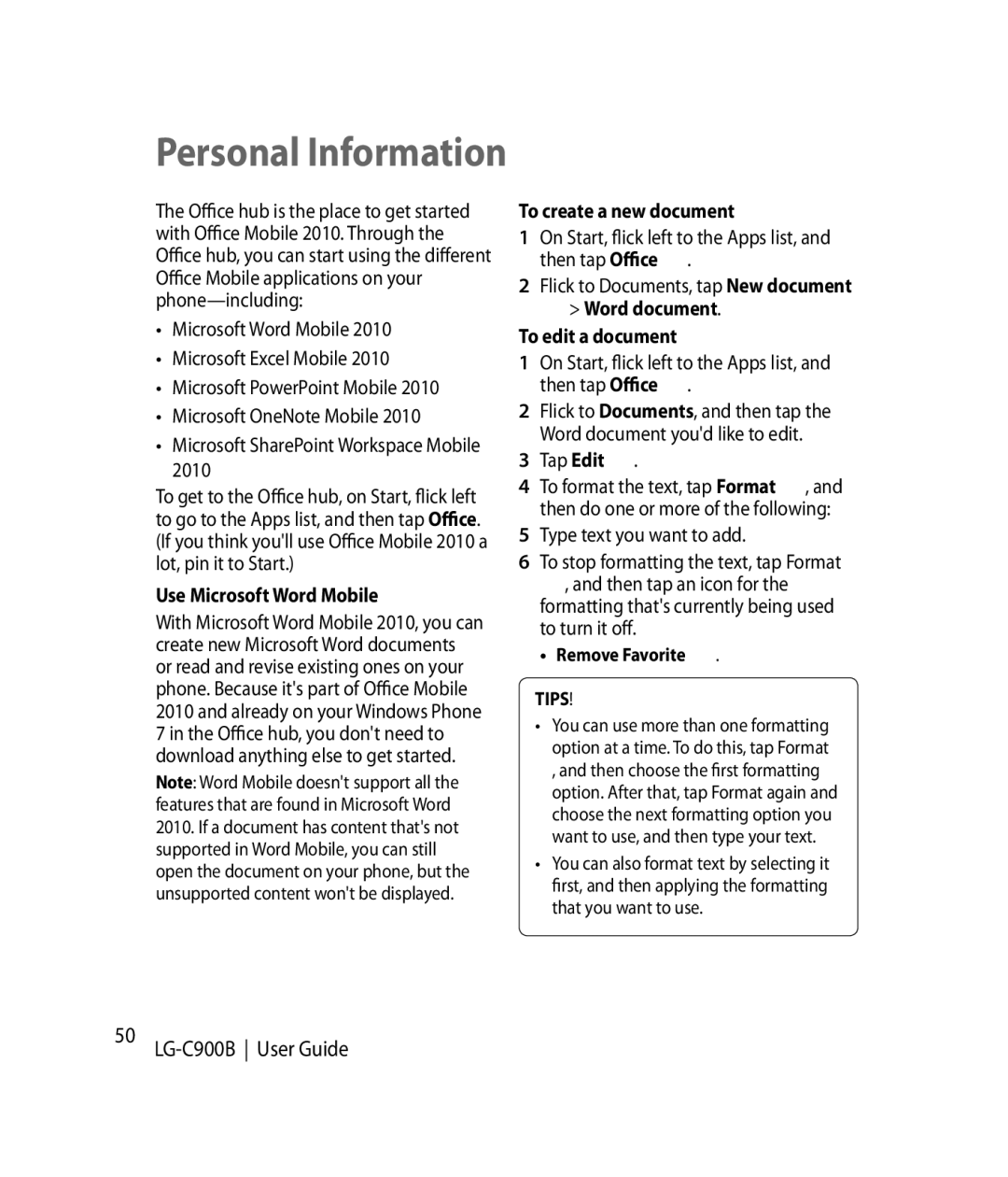 LG Electronics C900B manual Use Microsoft Word Mobile, To create a new document, To edit a document, Remove Favorite 