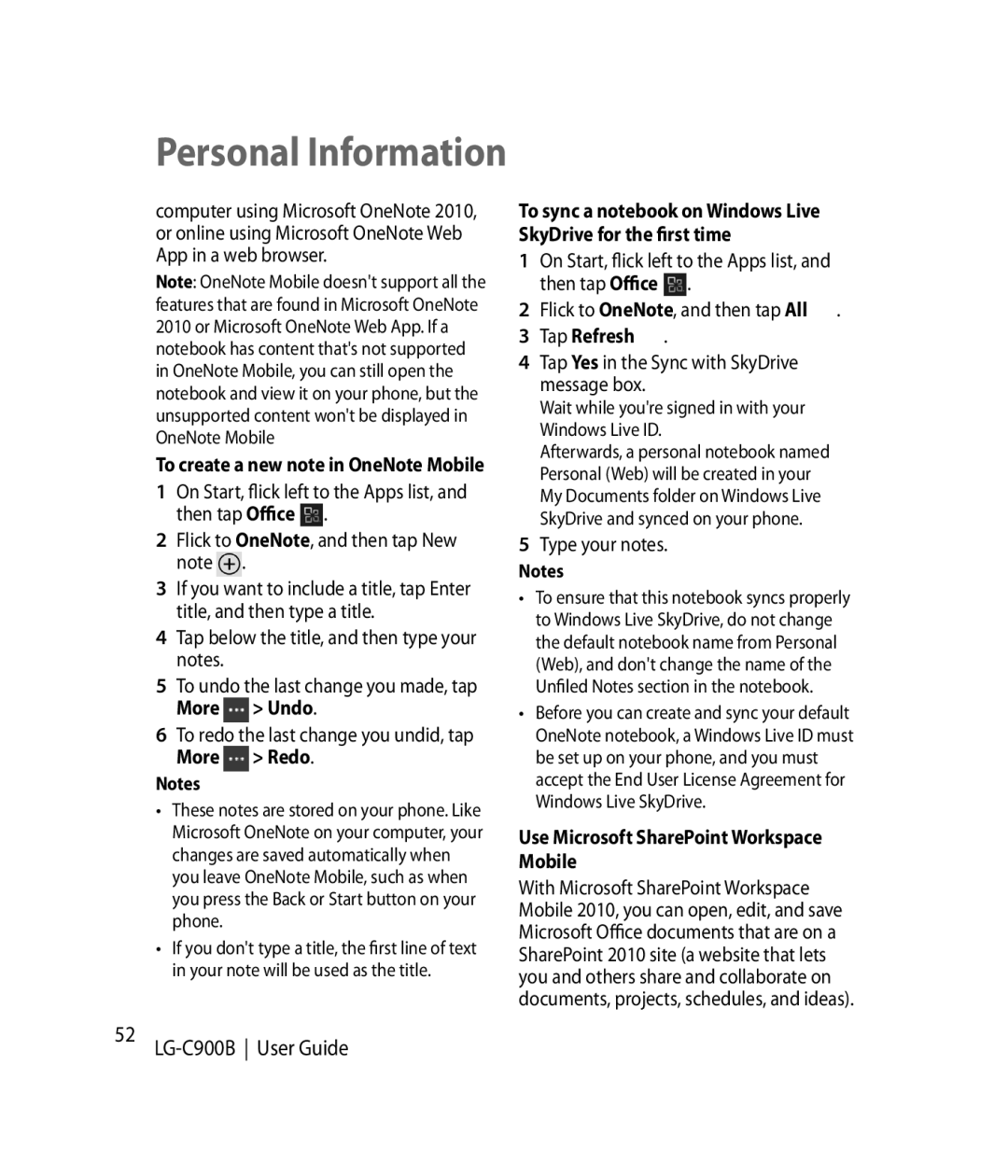 LG Electronics C900B manual Tap Refresh, Type your notes, Use Microsoft SharePoint Workspace Mobile 