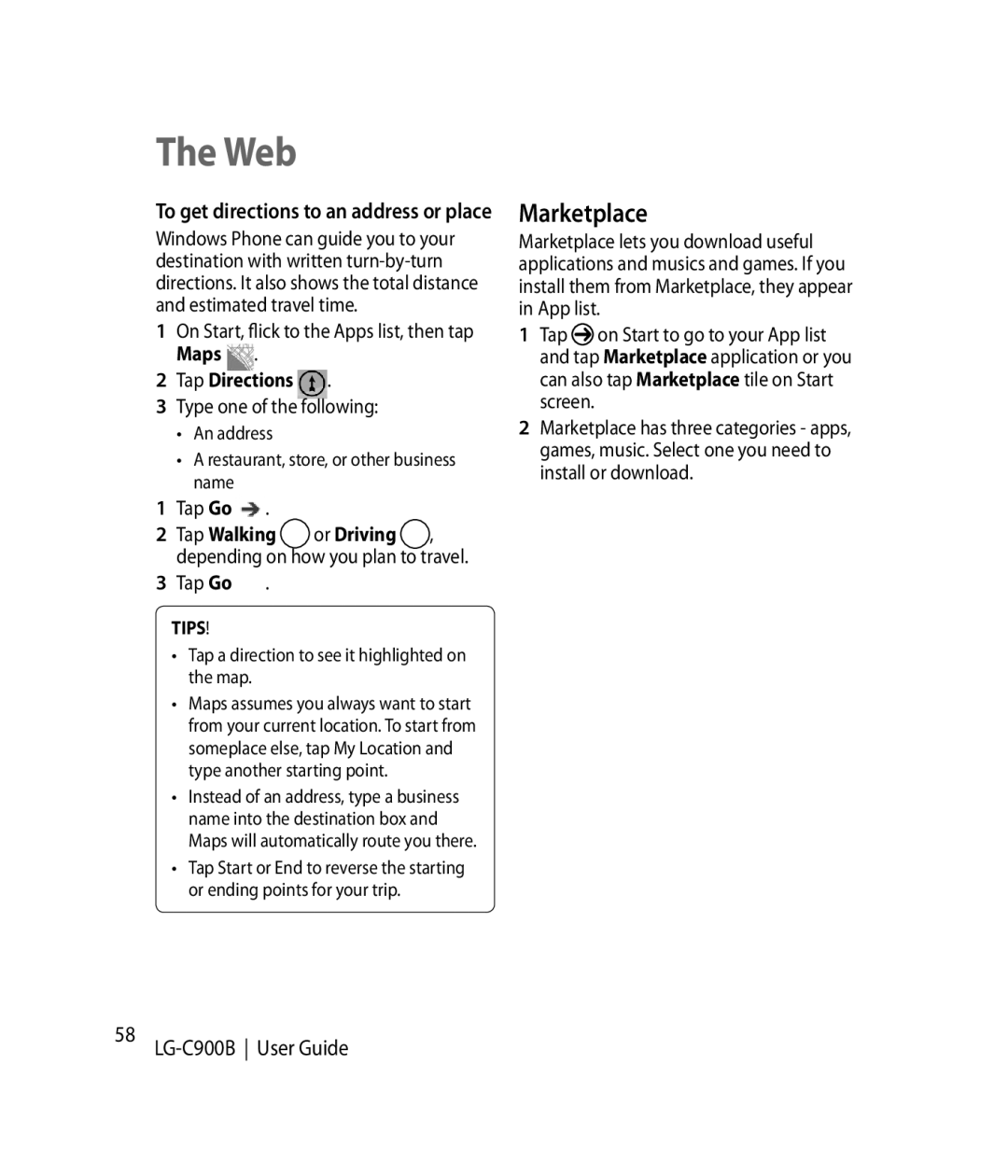 LG Electronics C900B manual Marketplace, Tap Walking or Driving, Depending on how you plan to travel Tap Go 