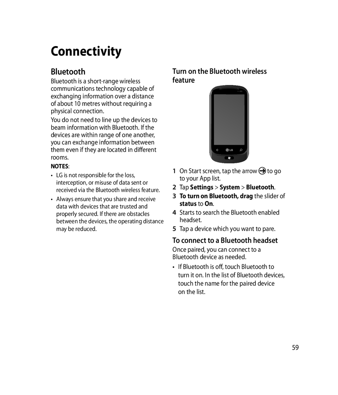 LG Electronics C900B manual Connectivity, Turn on the Bluetooth wireless feature, To connect to a Bluetooth headset 